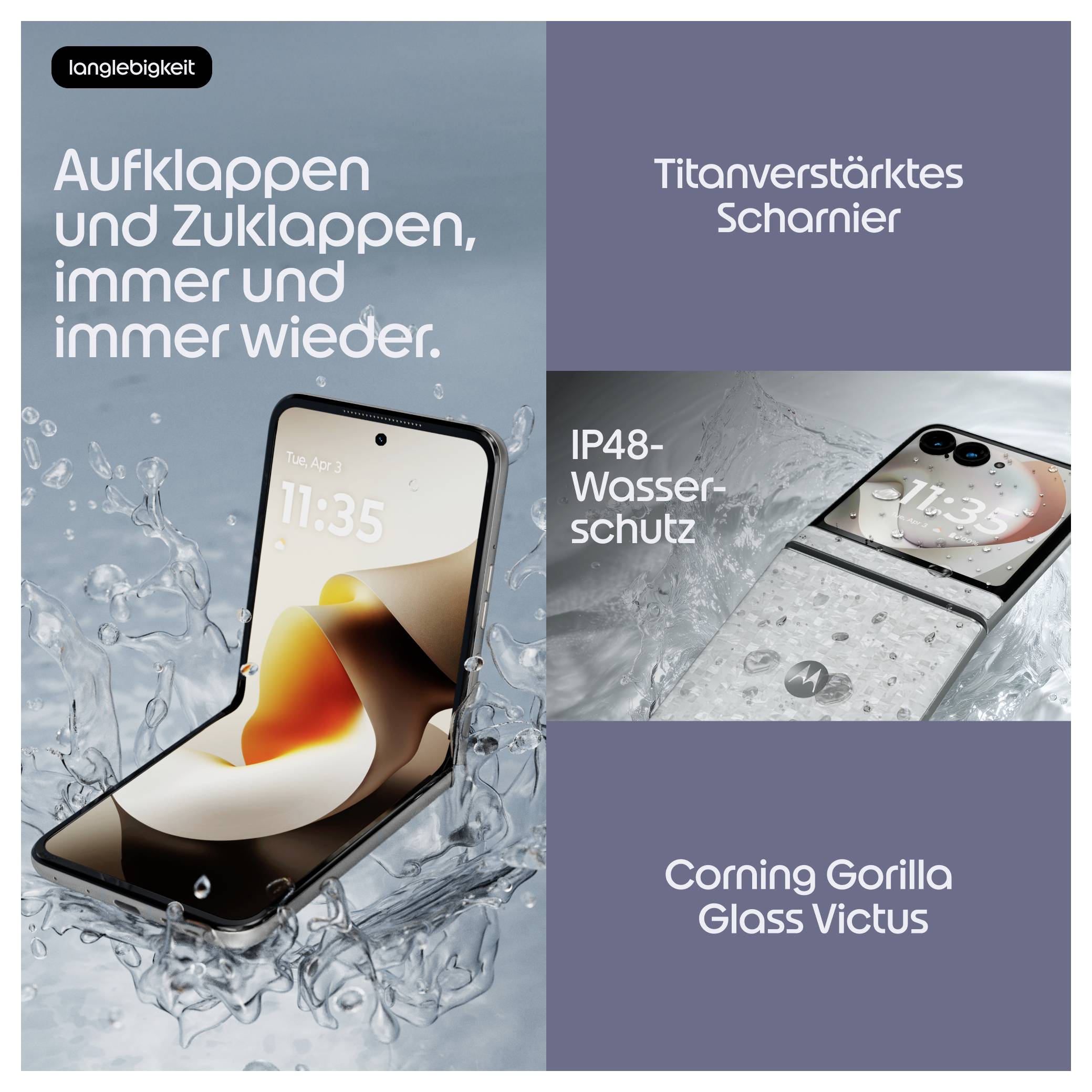 Faltbares Smartphone in Wassersplash mit deutschem Text, das die Langlebigkeit hervorhebt: Titanium-Scharnier, IP48-Wasserschutz und Corning Gorilla Glass Victus.