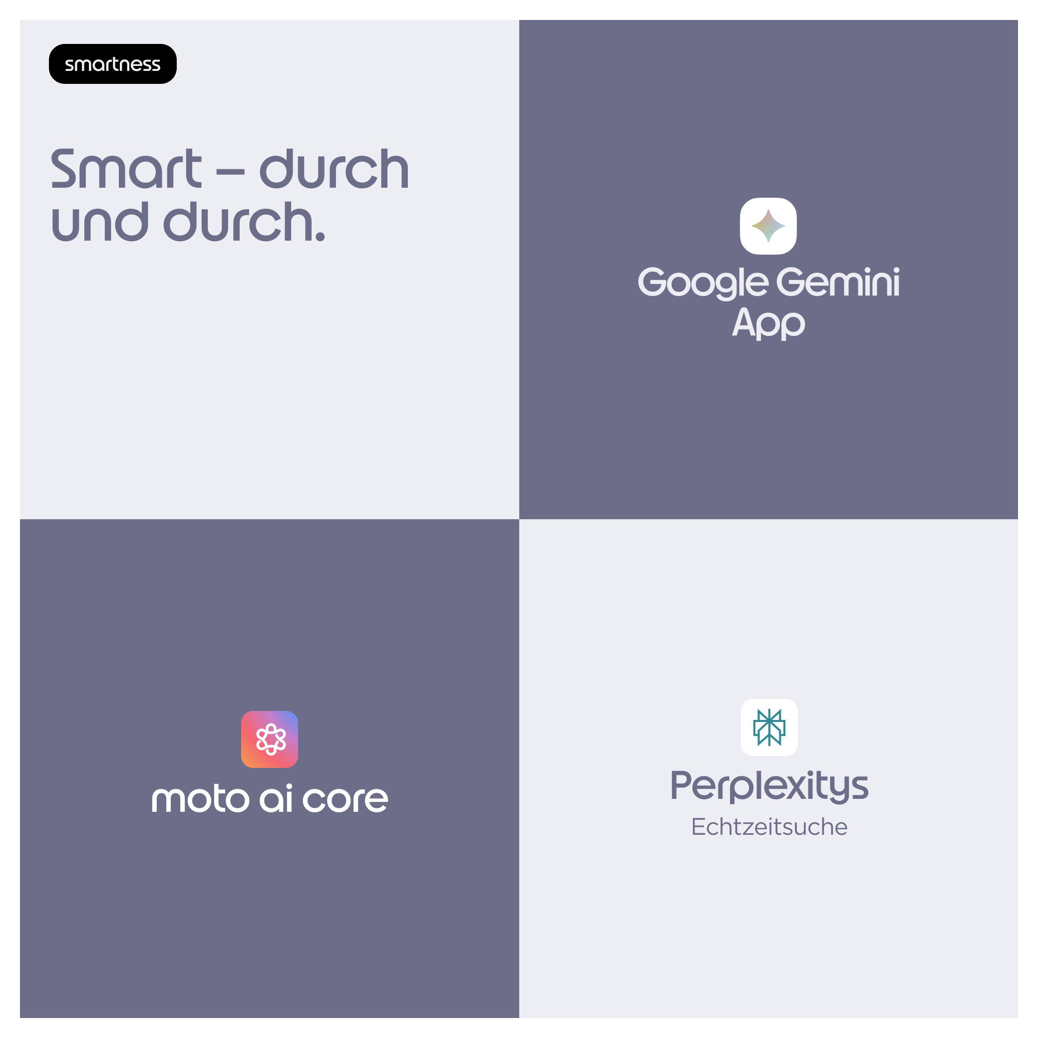 Vier-Quadranten-Markenvergleichsgrafik mit Smartness, Google Gemini App, moto ai core und „Perplexitys Echtzeitsuche" mit Logos und Slogans.