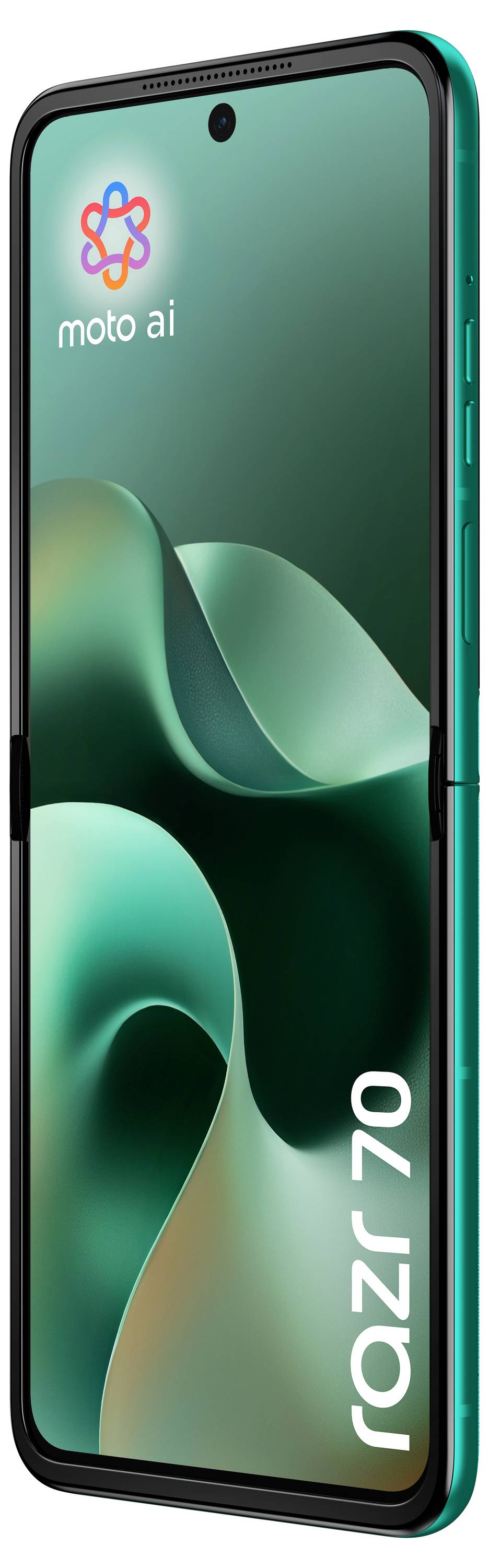 Motorola-Smartphone, das das Moto AI-Logo auf einem grünen abstrakten Hintergrundbild mit dem Text „razr 70