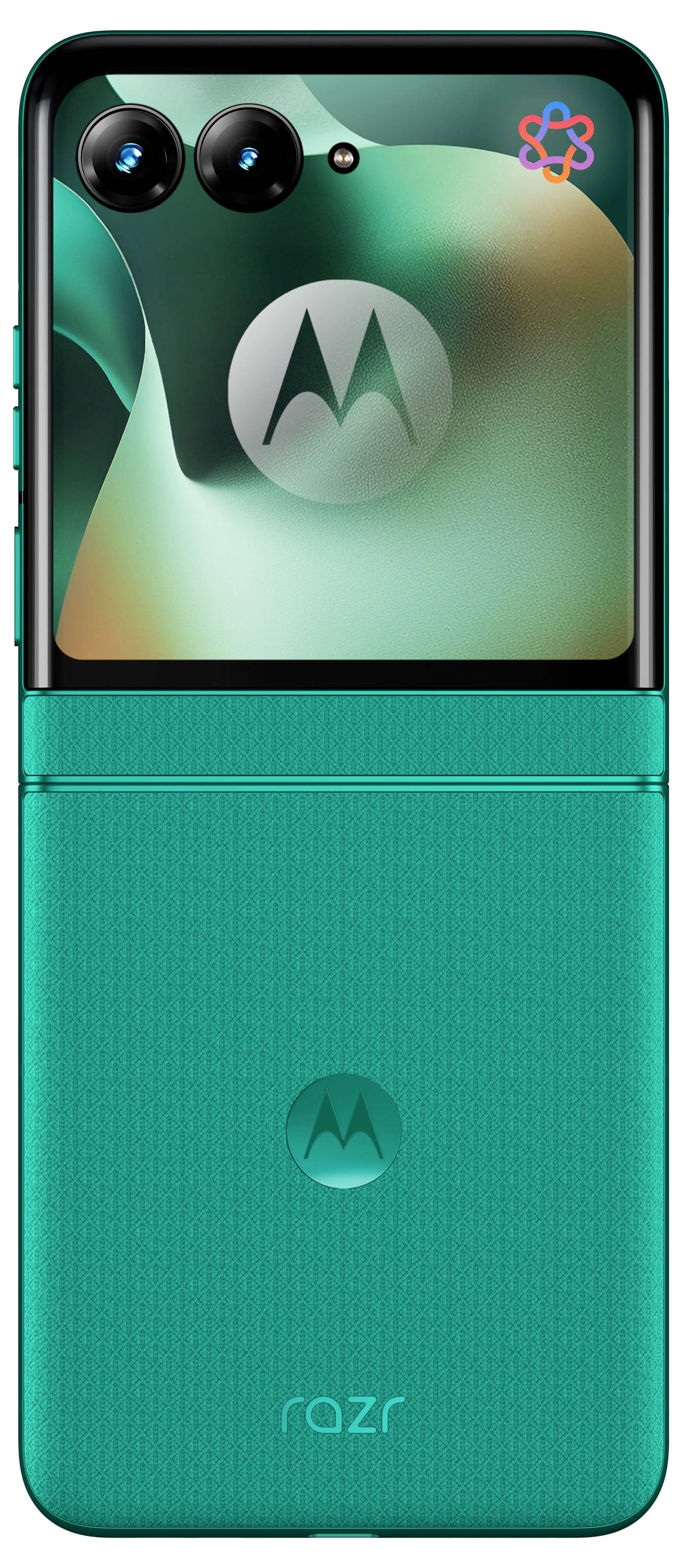 Motorola Edge 70 Smartphone von vorne und hinten gezeigt, mit vierfach Rückkameras, „moto ai