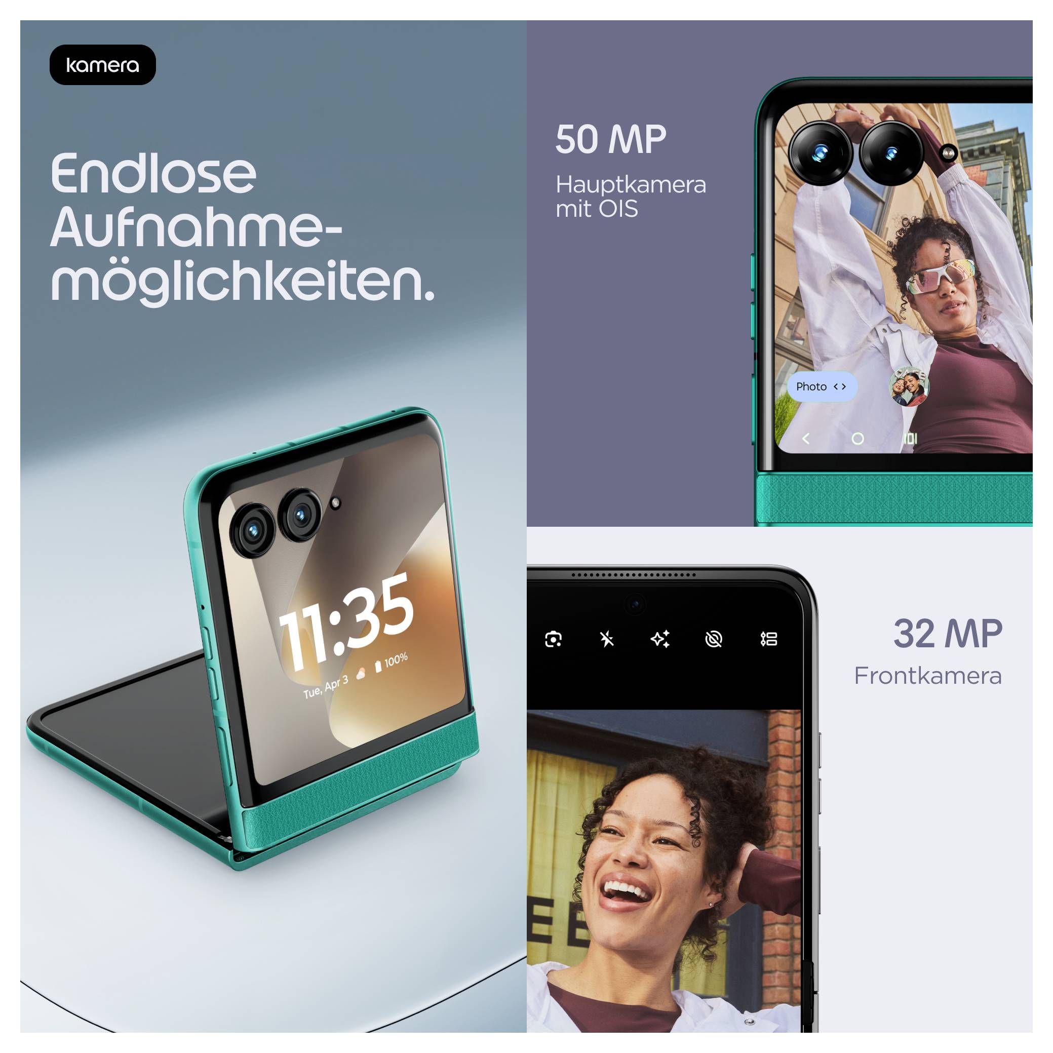 Vorder- und Rückansicht eines Motorola-Smartphones in Dunkelgrau mit vier rückseitigen Kameras und einem Bildschirm mit der Beschriftung „moto g 47