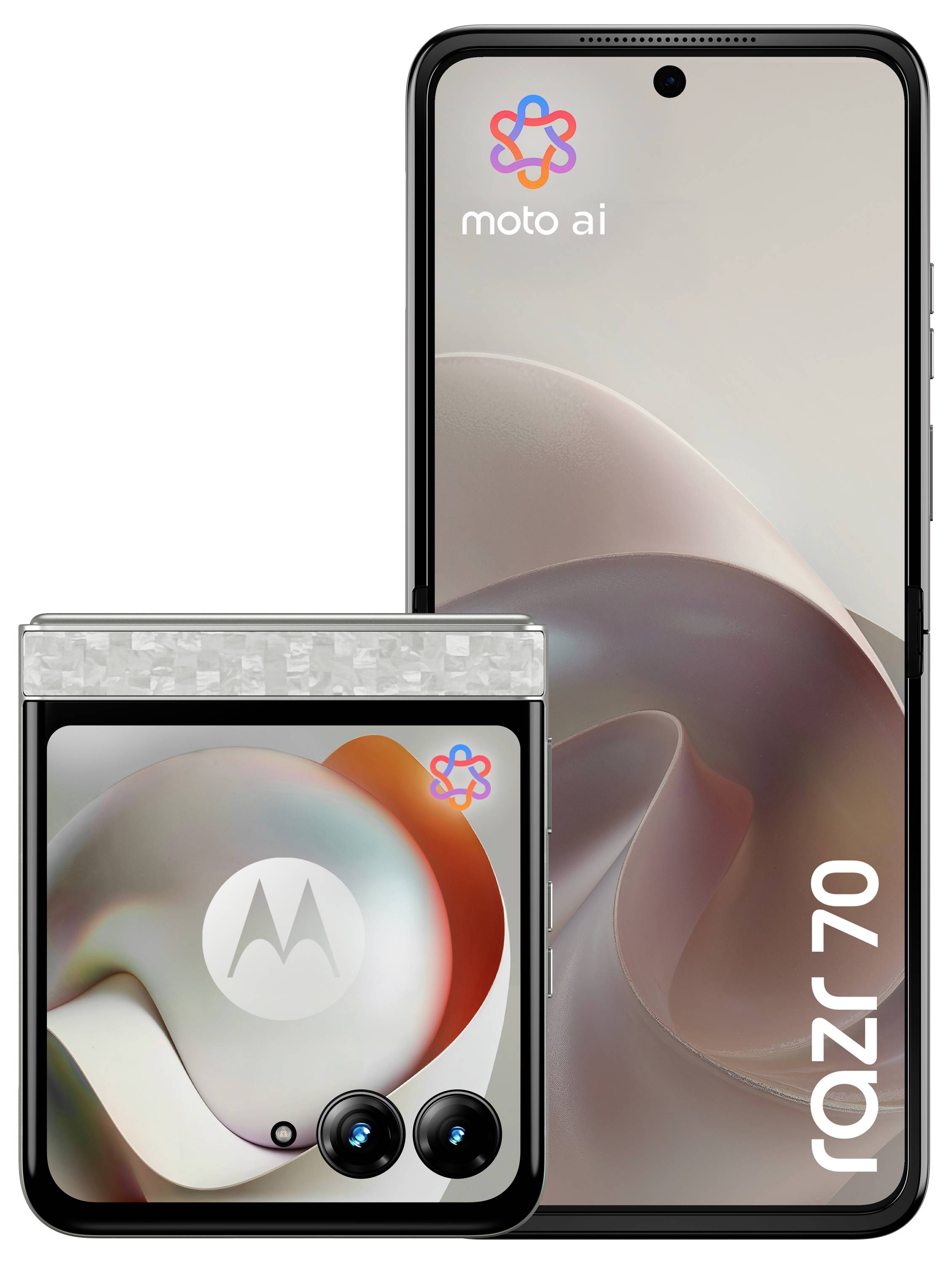 Werbeabbildung eines zusammenklappbaren Motorola Razr 70 Smartphones, dargestellt in geöffnetem und geschlossenem Zustand mit „moto ai