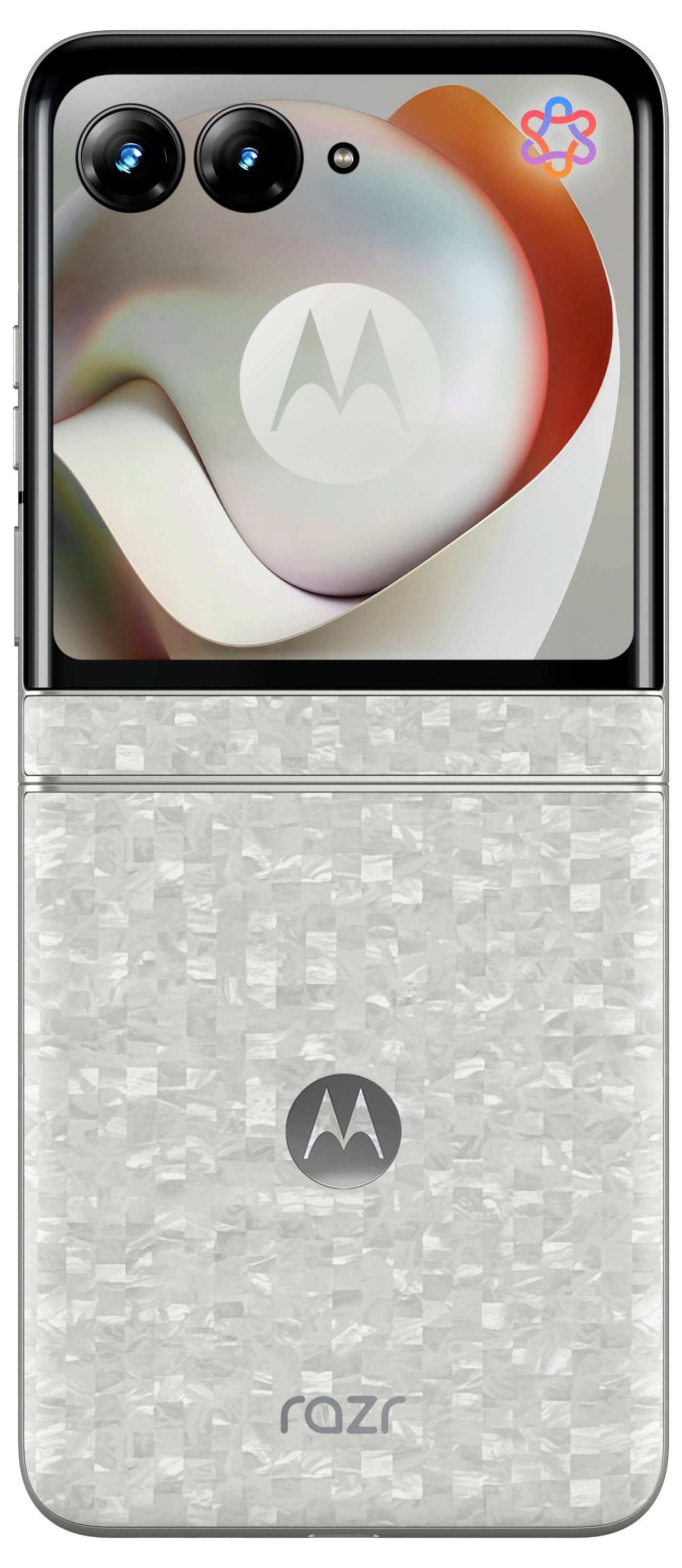 Vorderansicht eines silbernen klappbaren Motorola Razr Telefons in geschlossenem Zustand, das die beiden rückwärtigen Kameras und das Motorola-Logo auf der Rückseite zeigt.
