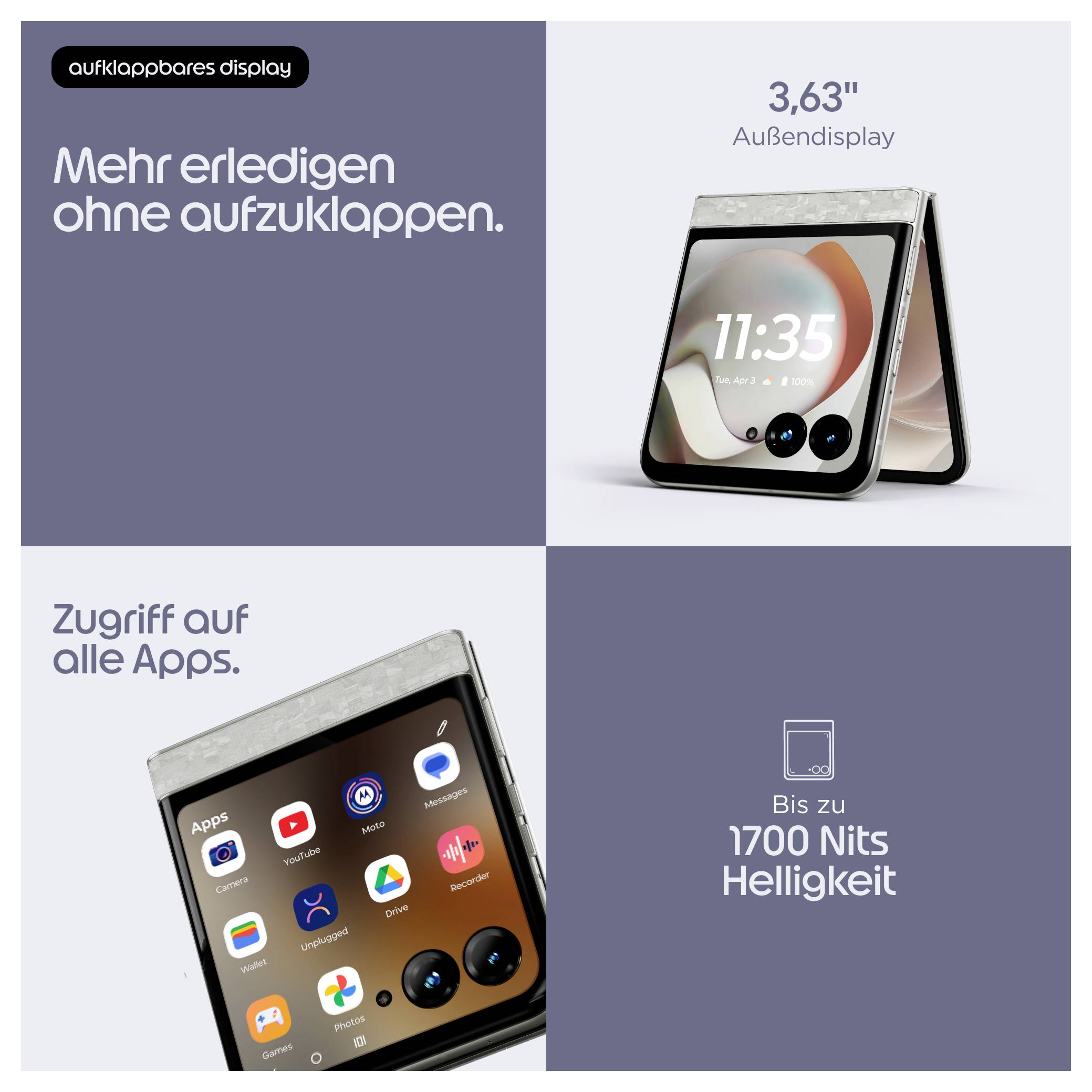 Türkisfarbenes klappbares Motorola-Telefon teilweise geöffnet, mit dreifacher Rückfahrtkamera und großem externen Display, auf dem das Motorola-Logo angezeigt wird.