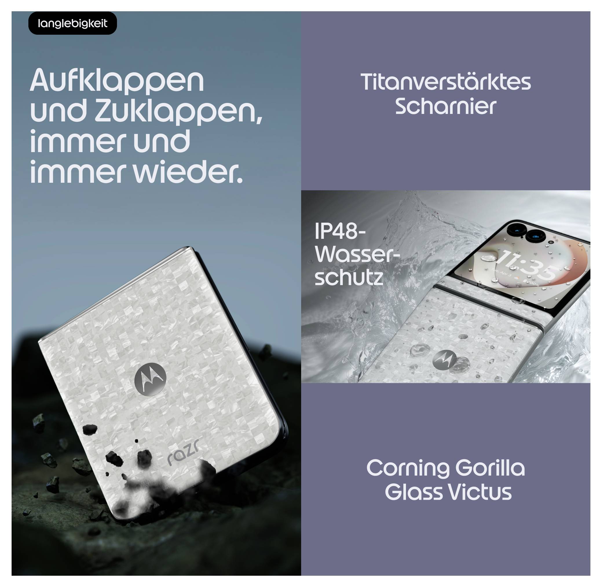 Motorola Razr Klapphandy-Haltbarkeitswerbung mit Fokus auf langlebiges Scharnier, IP48-Wasserbeständigkeit und Corning Gorilla Glass Victus.