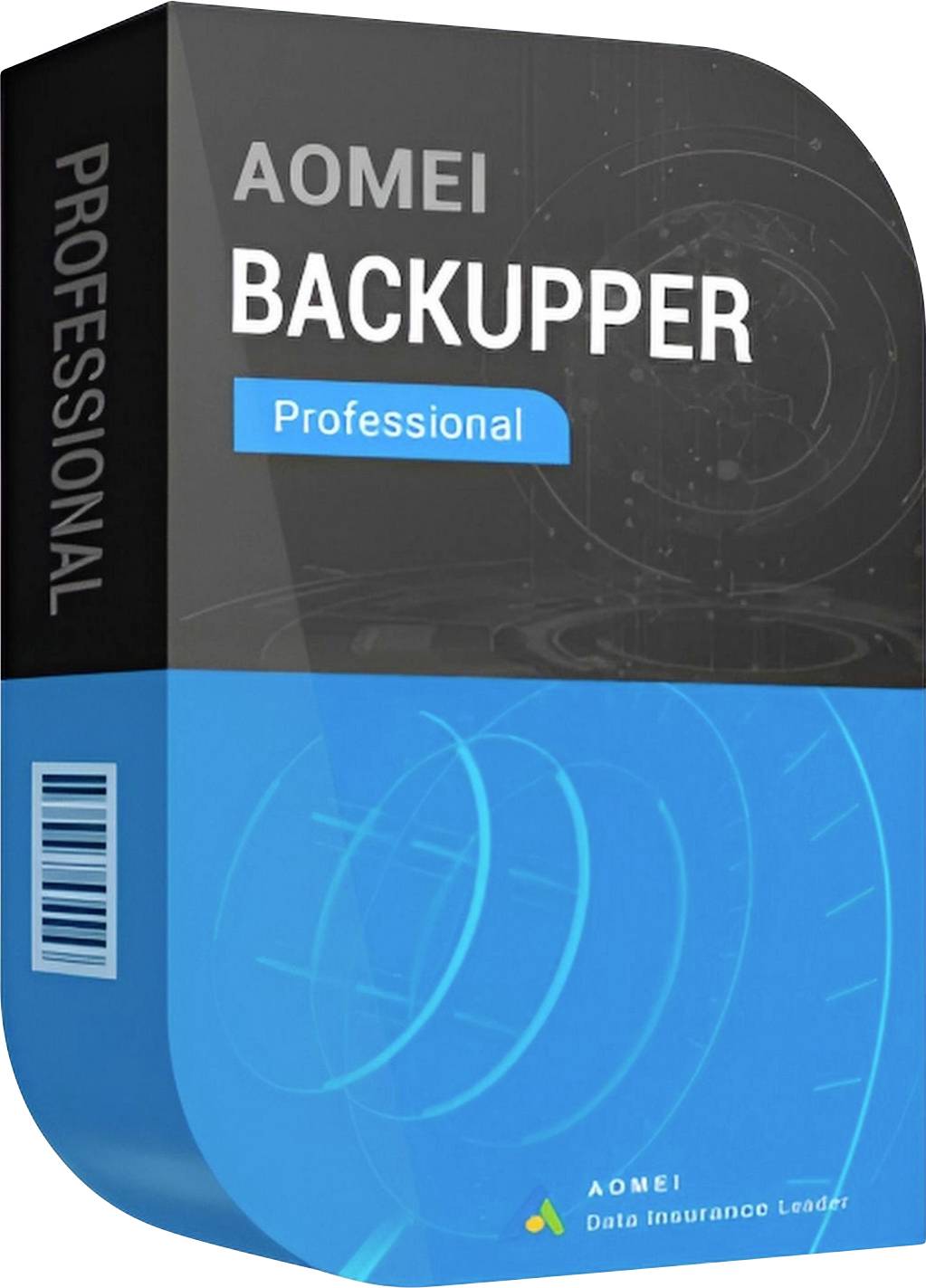 AOMEI Backupper Professional Softwarebox, schwarz-blaue Verpackung mit großem Produktnamen und „Professional