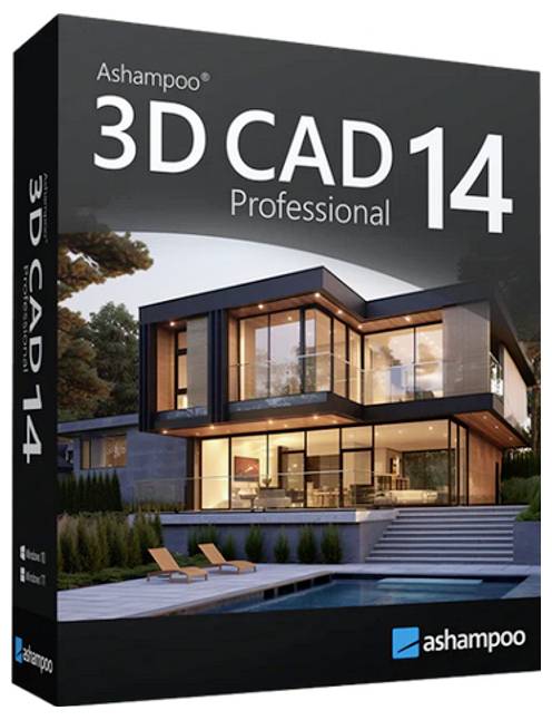 Ashampoo 3D CAD 14 Professional Software-Box mit einer modernen Hausdarstellung und Pool.
