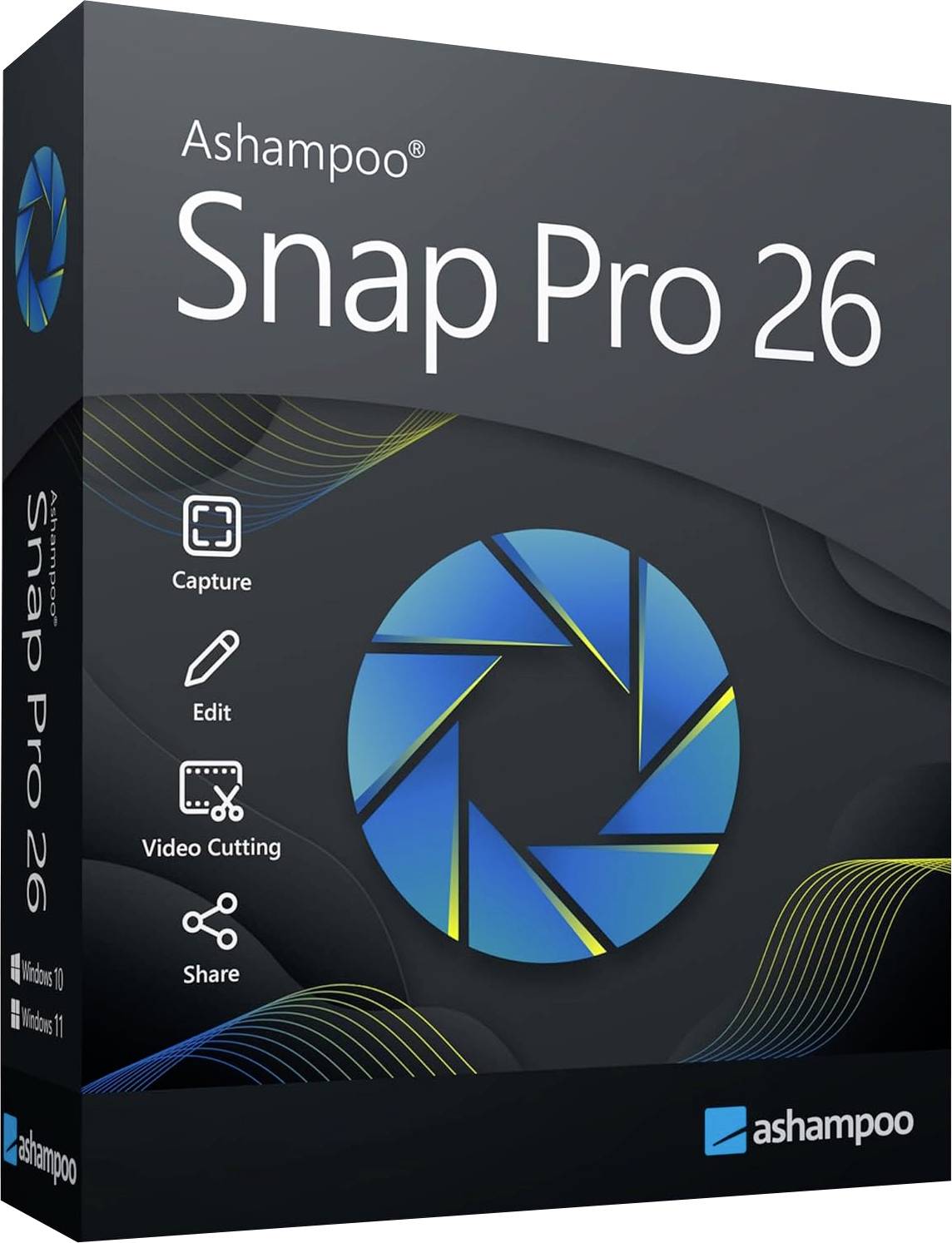Softwarebox für Ashampoo Snap Pro 26, zeigt ein blaues Kamera-Blenden-Logo und Funktionssymbole für Aufnahme, Bearbeitung, Videoschnitt und Freigabe.
