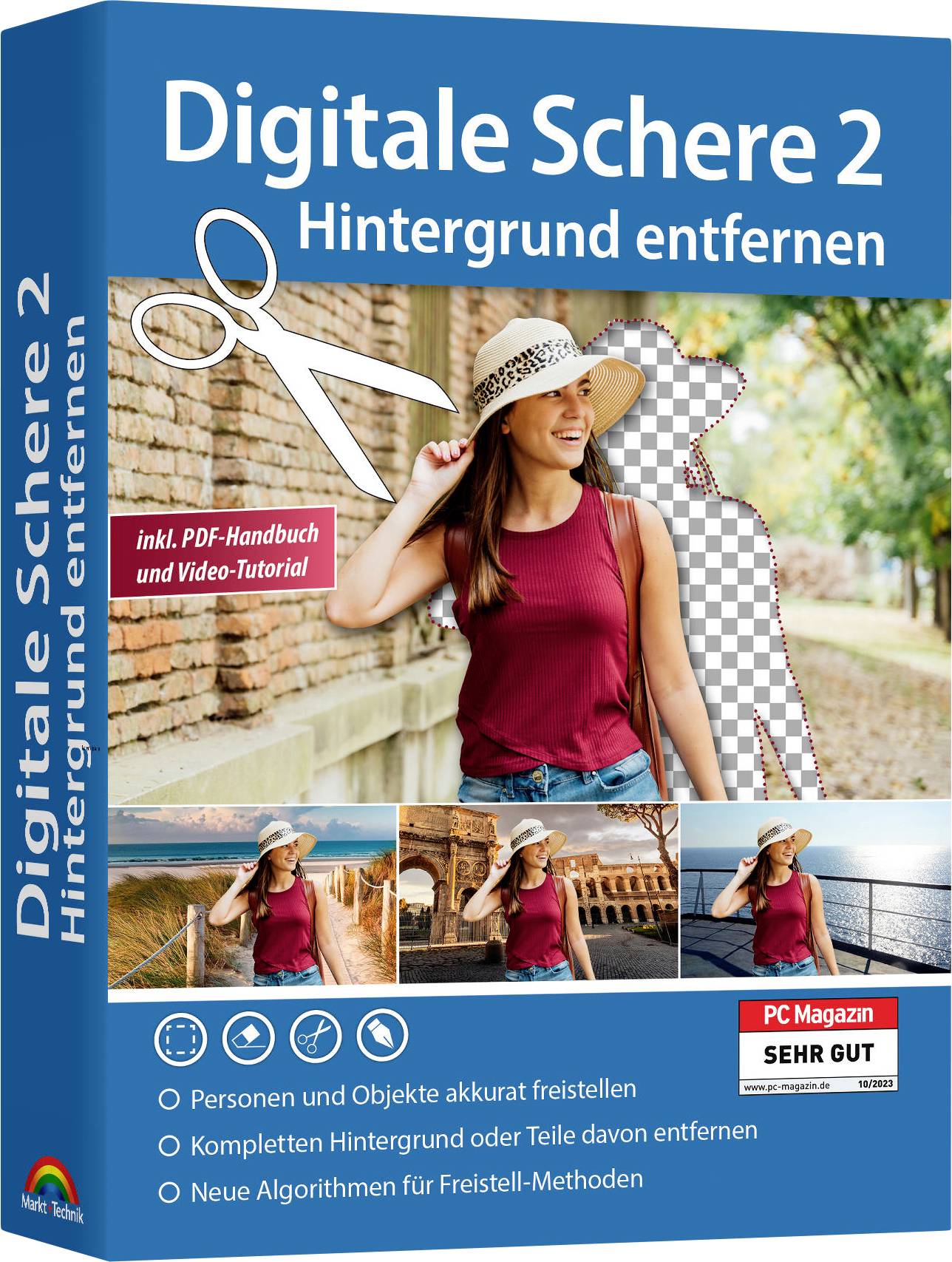 Eine Softwarebox für 'Digitale Schere 2 Hintergrund entfernen', die eine Frau zeigt, die aus einem Hintergrund ausgeschnitten wird, mit Scherengrafik und Funktionspunkten zum Entfernen von Hintergründen und Freistellen von Objekten.