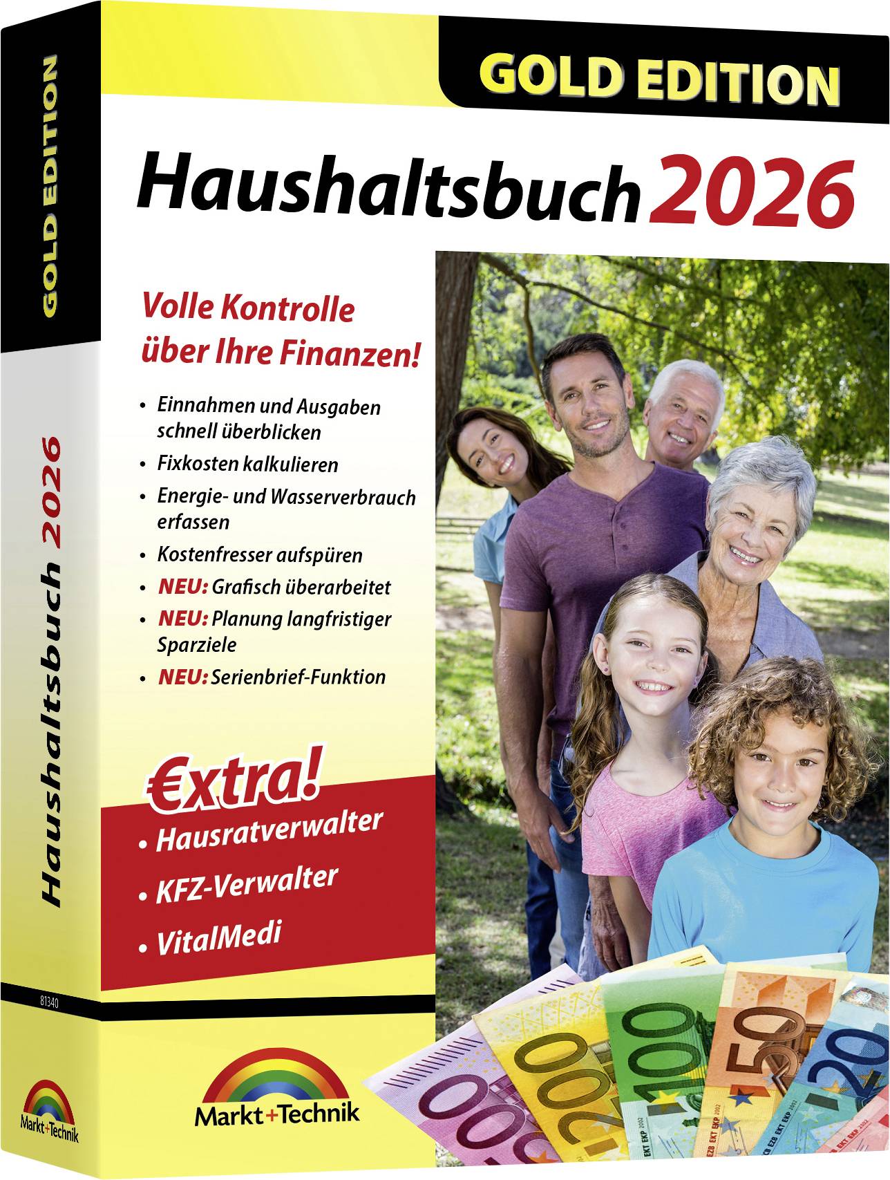 Umschlag des 'Haushaltsbuch 2026' Gold Edition, ein deutscher Haushaltbudget-Planer, mit einem Foto einer lächelnden Familie und Euro-Banknoten, der Finanzverfolgung und Kostenkontrolle bewirbt.
