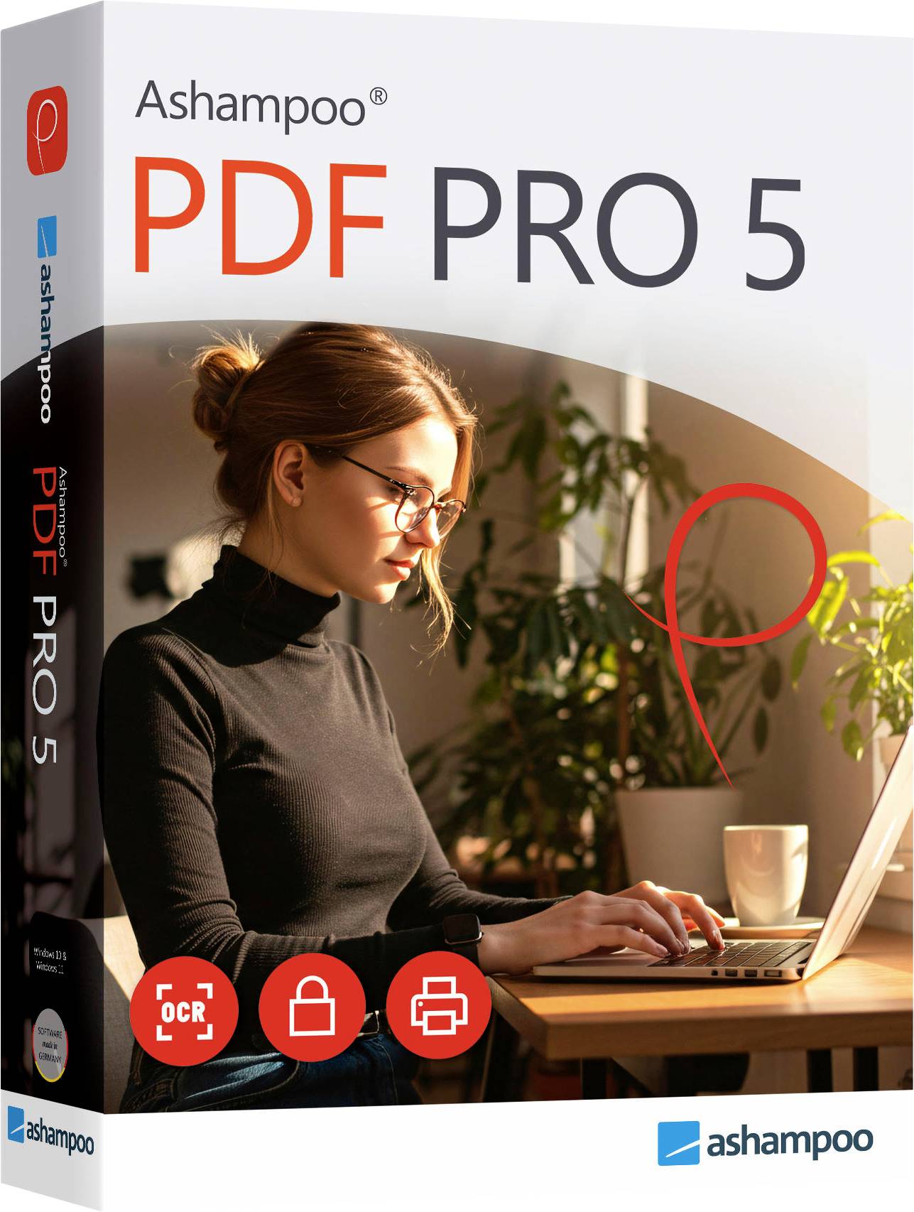 Ashampoo PDF Pro 5 Softwarebox mit einer Frau, die auf einem Laptop tippt, mit PDF-, Schloss- und Druckersymbolen, die PDF-Bearbeitung und Sicherheitsfunktionen anzeigen.