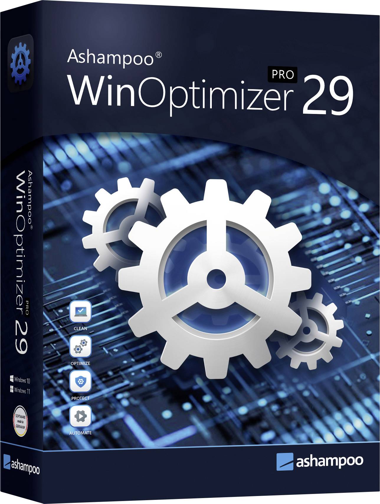 Ashampoo WinOptimizer 29 Pro Softwarepaket mit großem Zahnradsymbol über blauem Leiterplattenhintergrund.