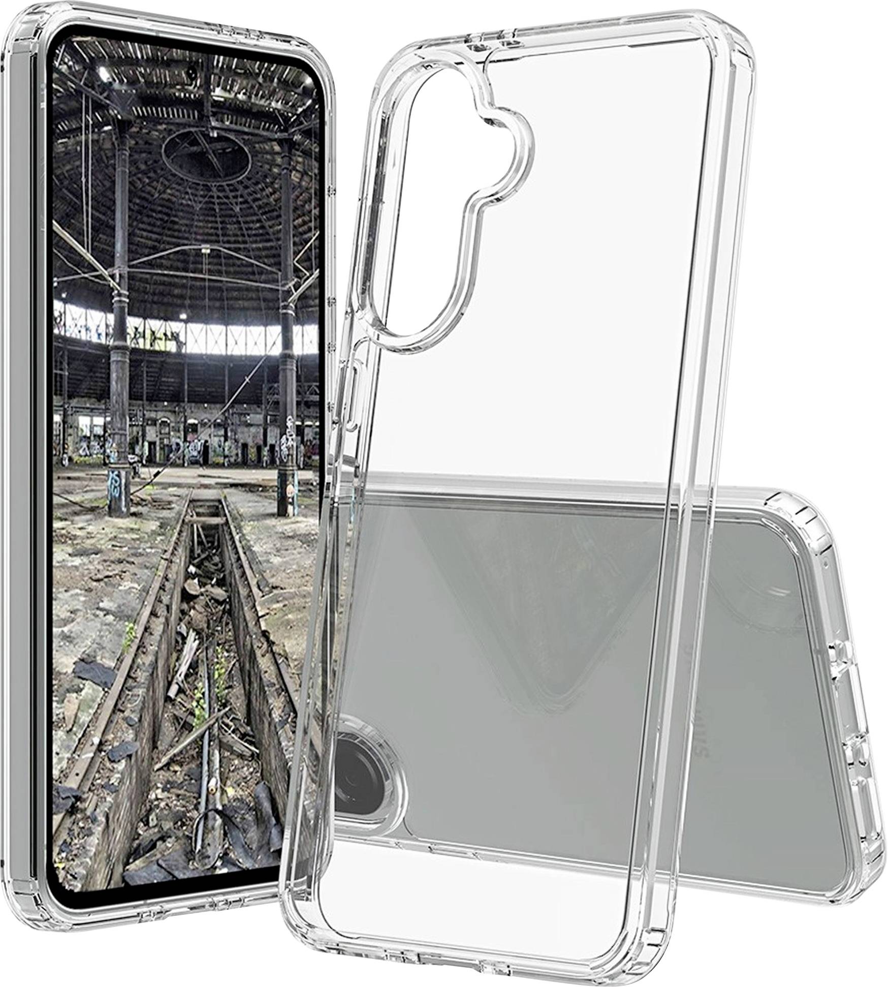 Transparente Schutzhülle für Telefon von vorne und hinten gezeigt, wobei ein Telefon das Innere eines verlassenen Industriegebäudes auf seinem Bildschirm anzeigt.