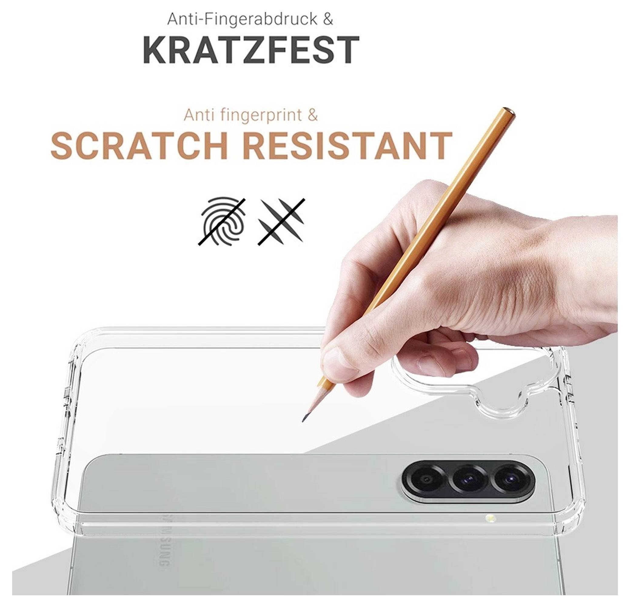 Hand zeigt die kratzfeste, antifingerabdruckfreie Oberfläche einer transparenten Handyhülle mit einem Stift; Text lautet „Anti-Fingerabdruck & KRATZFEST
