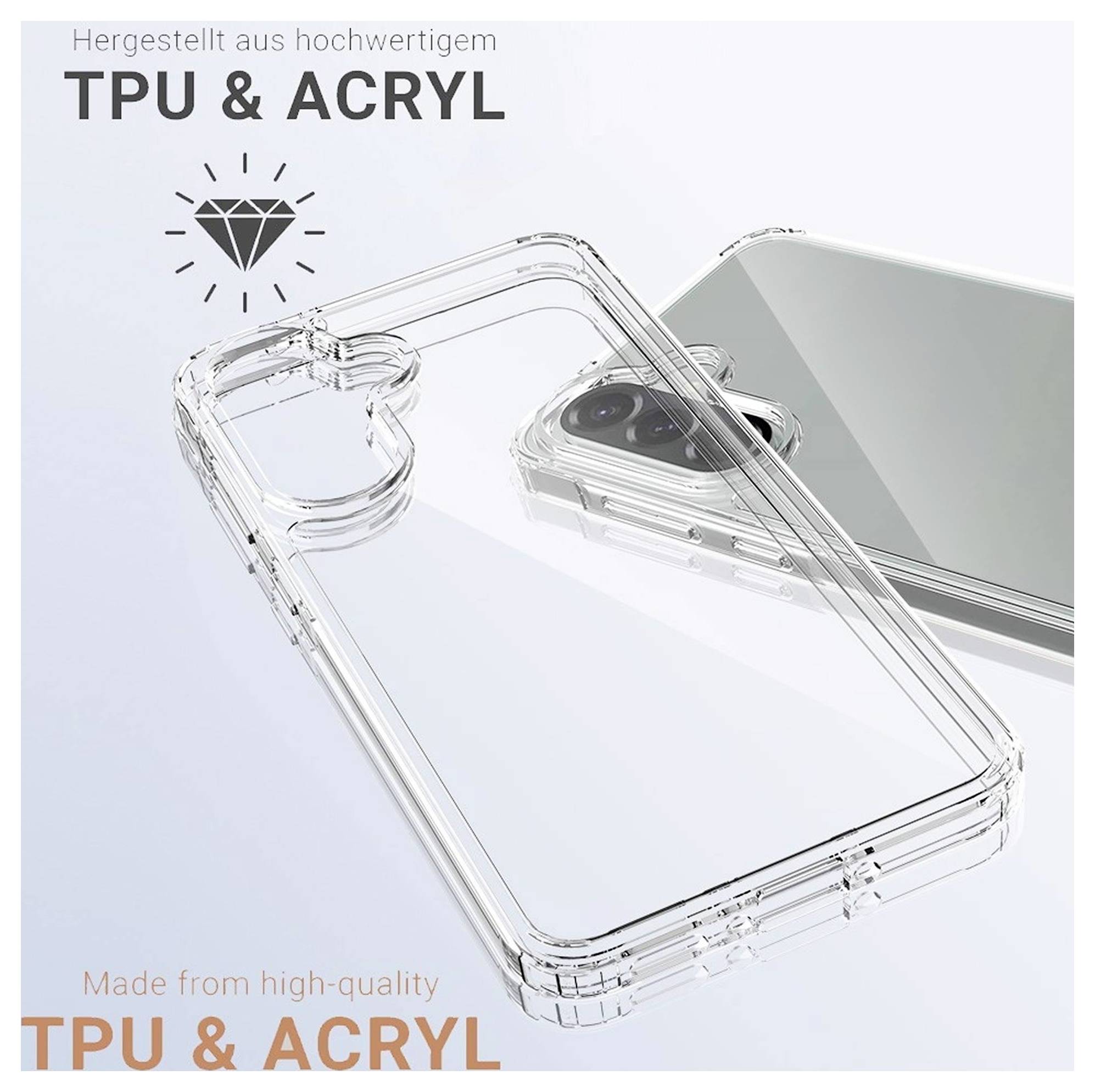 Transparente Handyhülle aus hochwertigem TPU und Acryl, dargestellt auf einem Smartphone mit Diamant-Symbol und deutschem/englischem Materialtextkern.