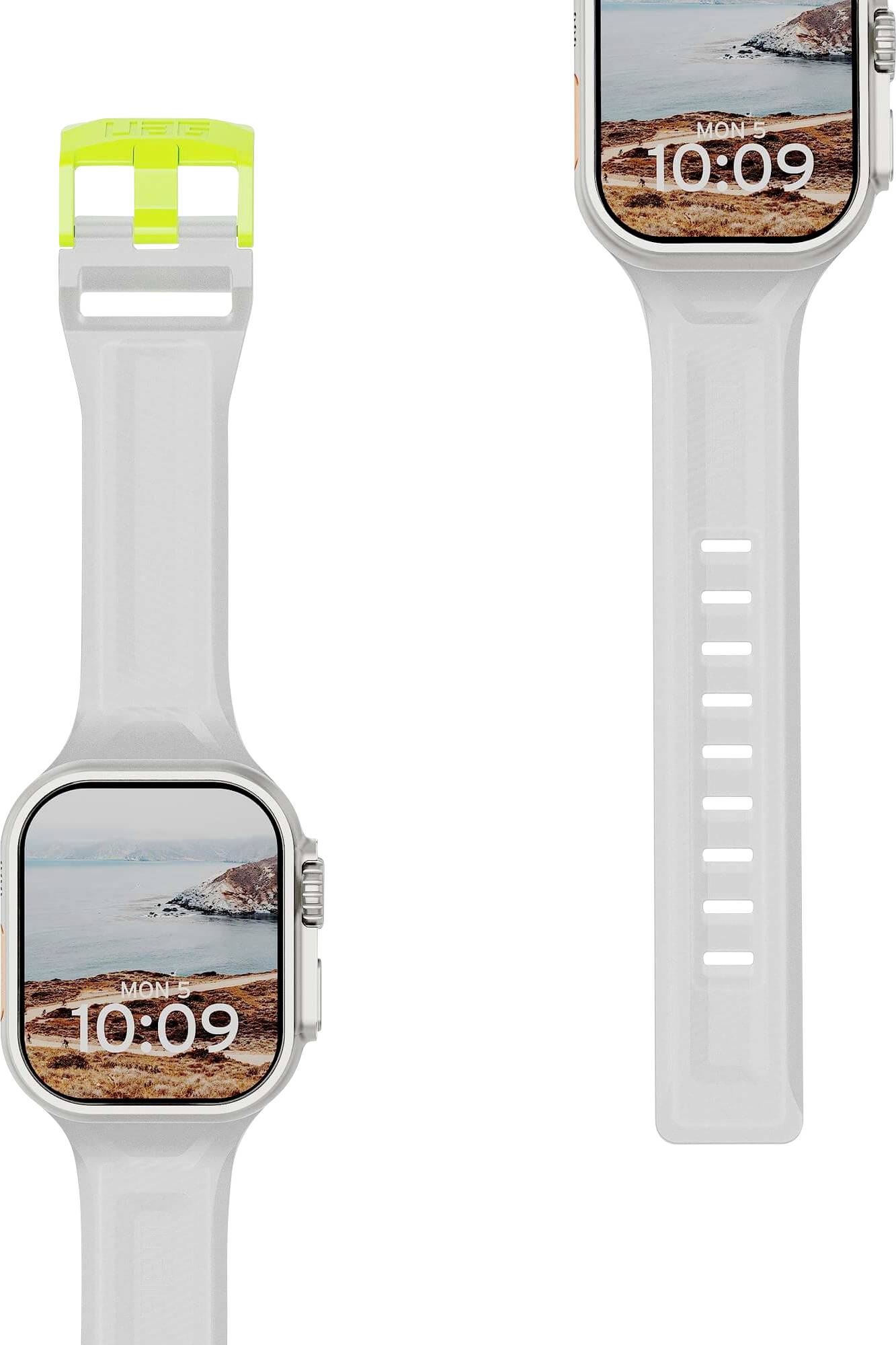 Weiße Smartwatch mit transparentem Armband, von vorne und von der Seite gezeigt, mit Strandtapete und der Uhrzeit 10:09 auf dem Bildschirm.