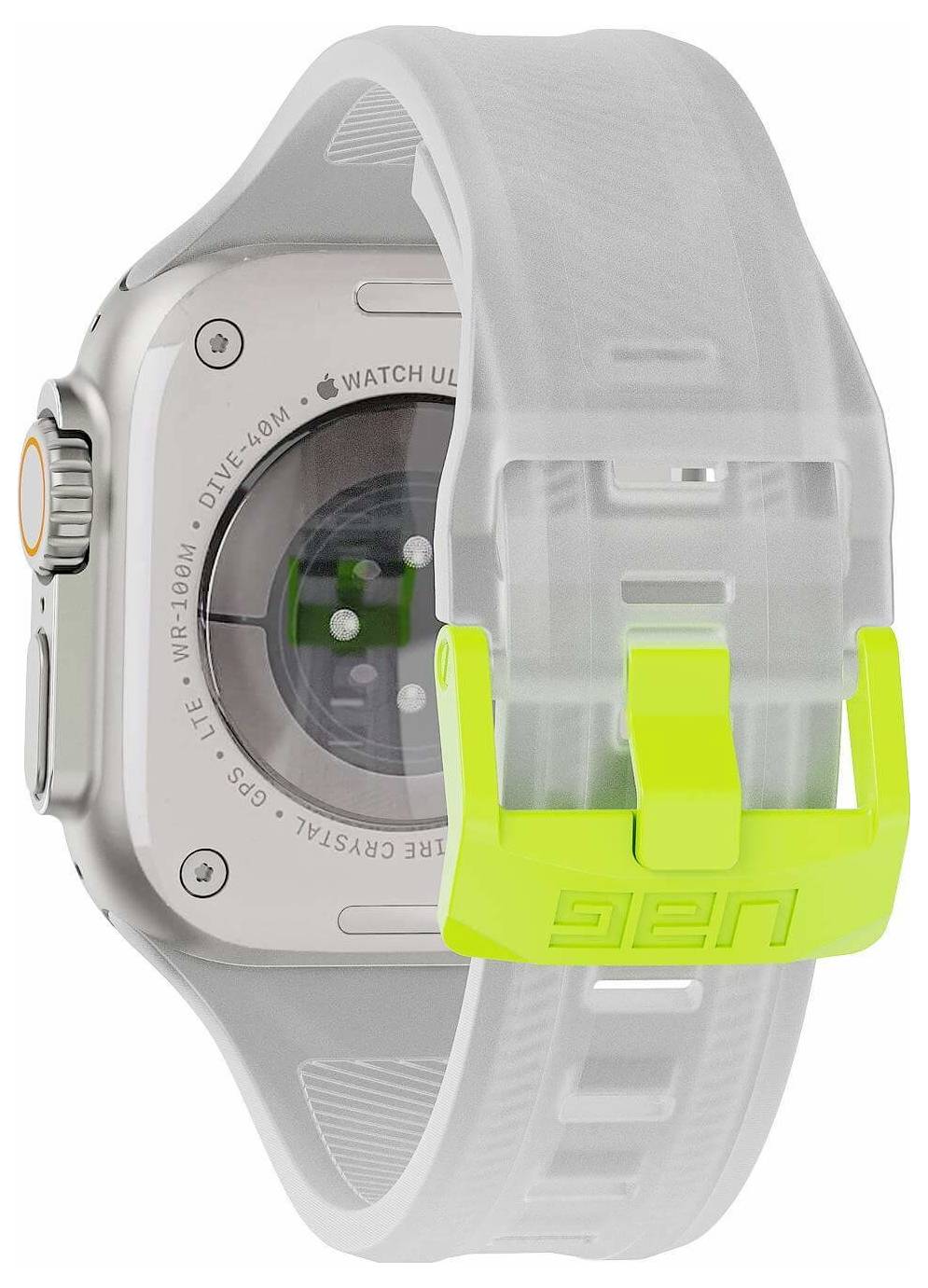 Apple Watch Ultra mit einem durchscheinenden grauen Sportband und leuchtend neongelber Schnalle, von hinten/Seite auf weißem Hintergrund gezeigt.
