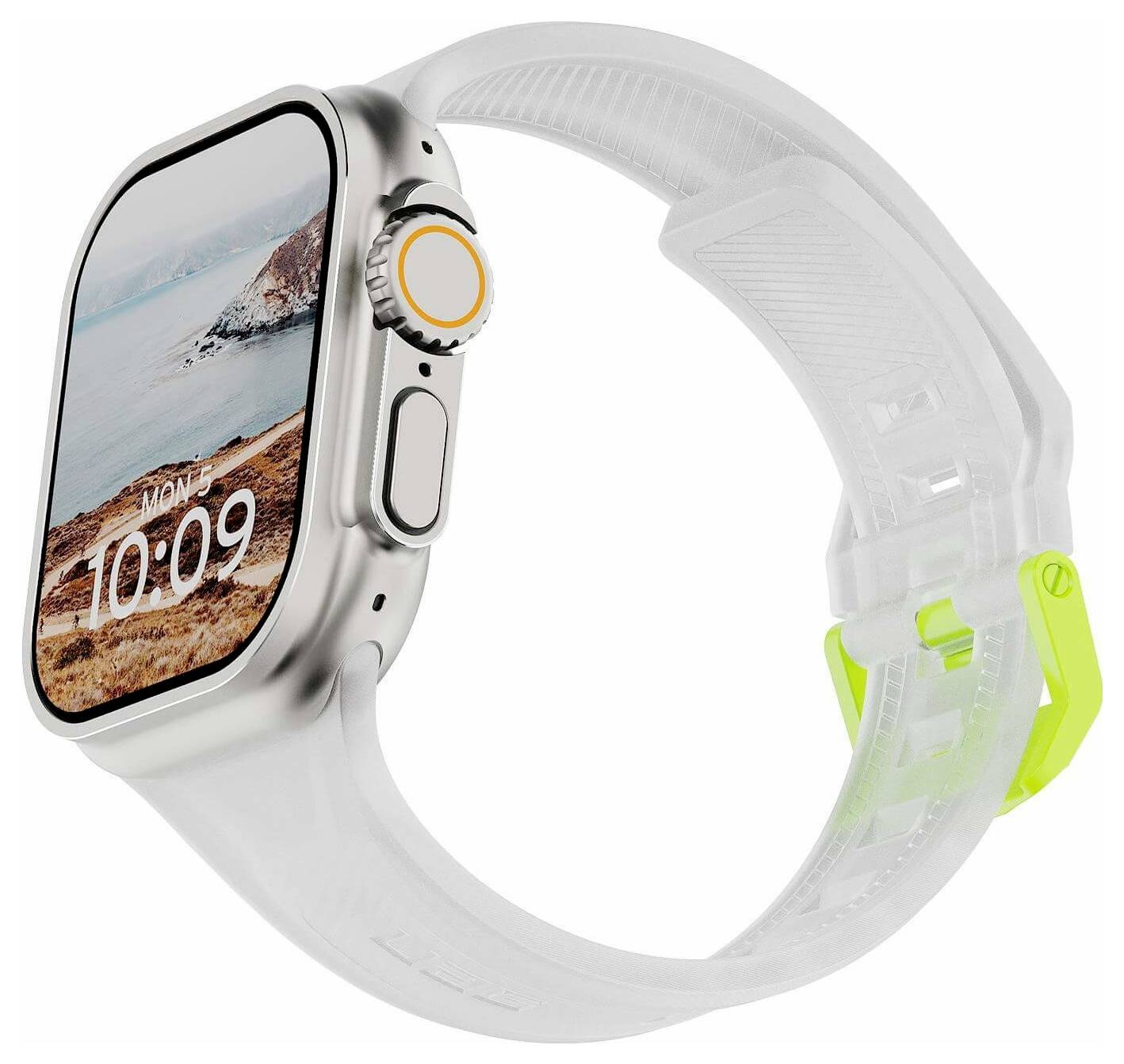 Silber-Smartwatch mit weißem Armband und neongrüner Schließe, in schräger Ansicht fotografiert, wobei das Display 10:09 über einer Strandszene anzeigt.