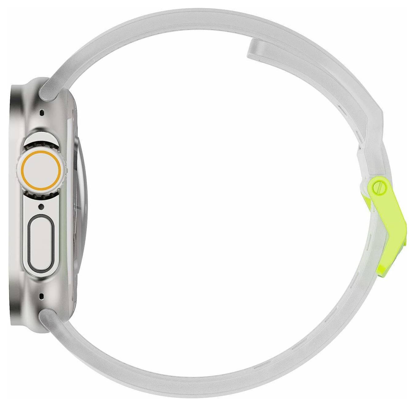 Seitenansicht einer silbernen Smartwatch mit hellgrauem Armband und neongrüner Schließe, auf weißem Hintergrund abgebildet.