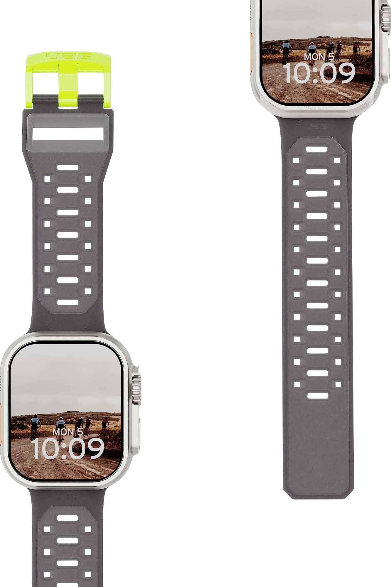 Zwei Ansichten einer Smartwatch mit einem dunkelgrauen perforierten Armband und einer leuchtend grünen Schließe, die das Zifferblatt um 10:09 Uhr zeigen.