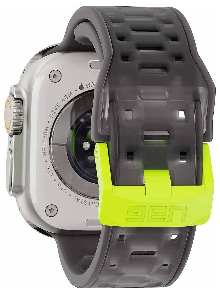 Apple Watch mit einem dunkelgrauen und neongelben robusten Schutzband und -gehäuse, in einer vergrößerten Seitenansicht gezeigt.