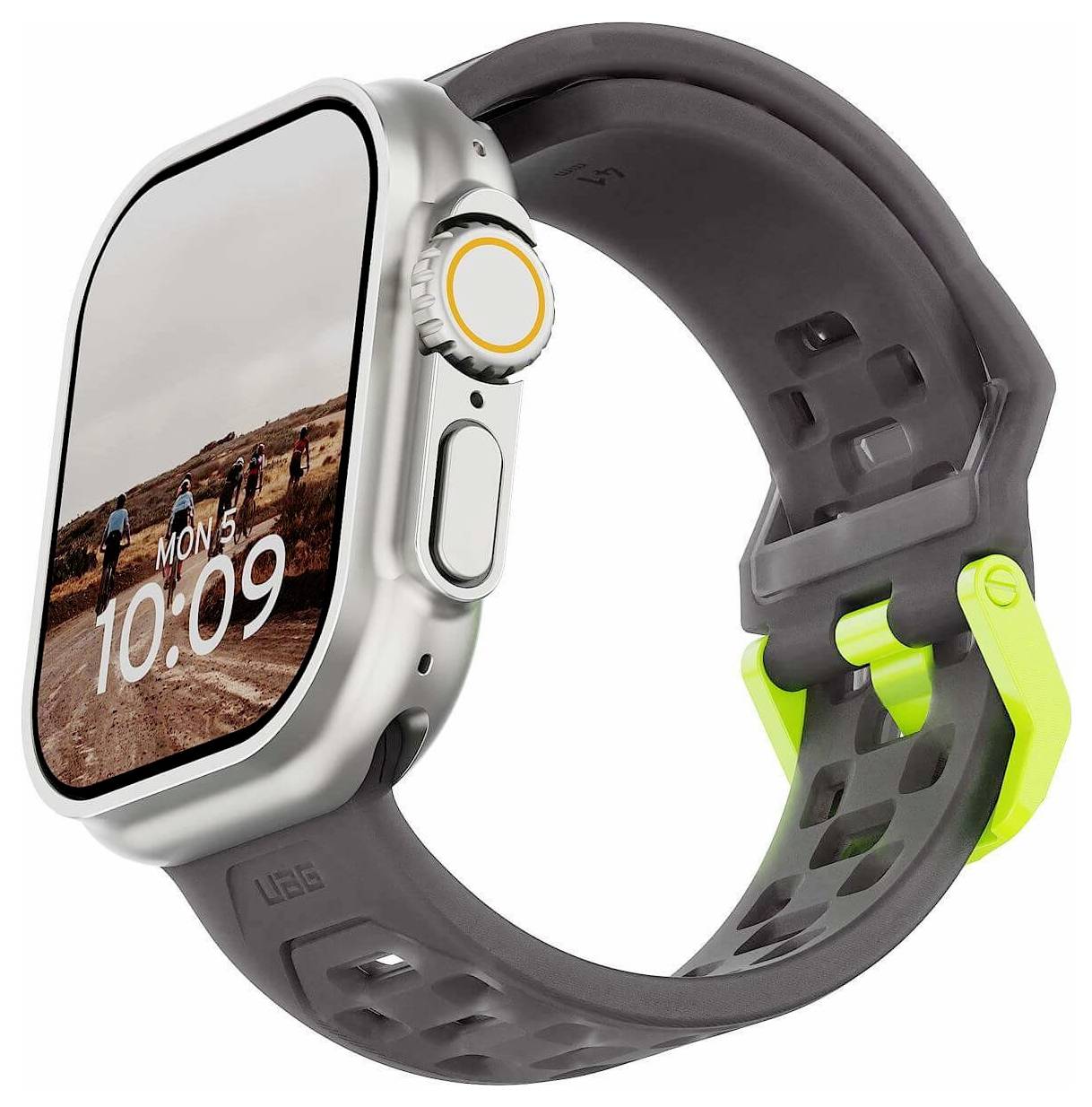 Silberne Smartwatch mit grau-neongrünem Sportarmband, von der Seite gezeigt, mit einer Wanderszene und der Uhrzeit 10:09 auf dem Display.