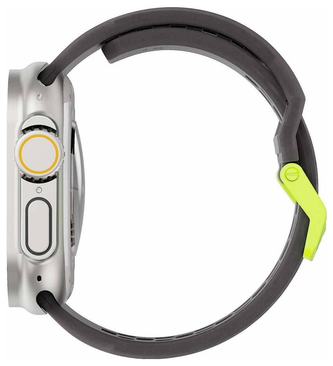 Seitenansicht einer Smartwatch mit dunklem Armband, silbernem Gehäuse, kreisförmiger Seitentaste und leuchtend grüner Schließe auf weißem Hintergrund.