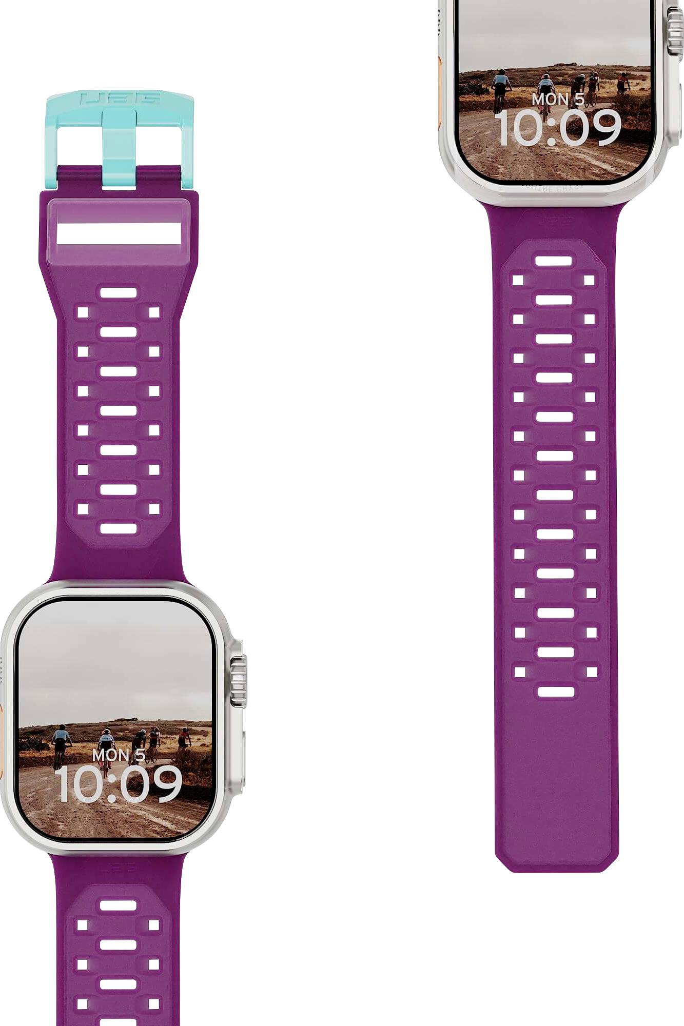 Zwei Smartwatches von vorne und von hinten mit einem violetten perforierten Armband und einer türkisen Schließe, wobei jede 10:09 auf dem Display anzeigt.