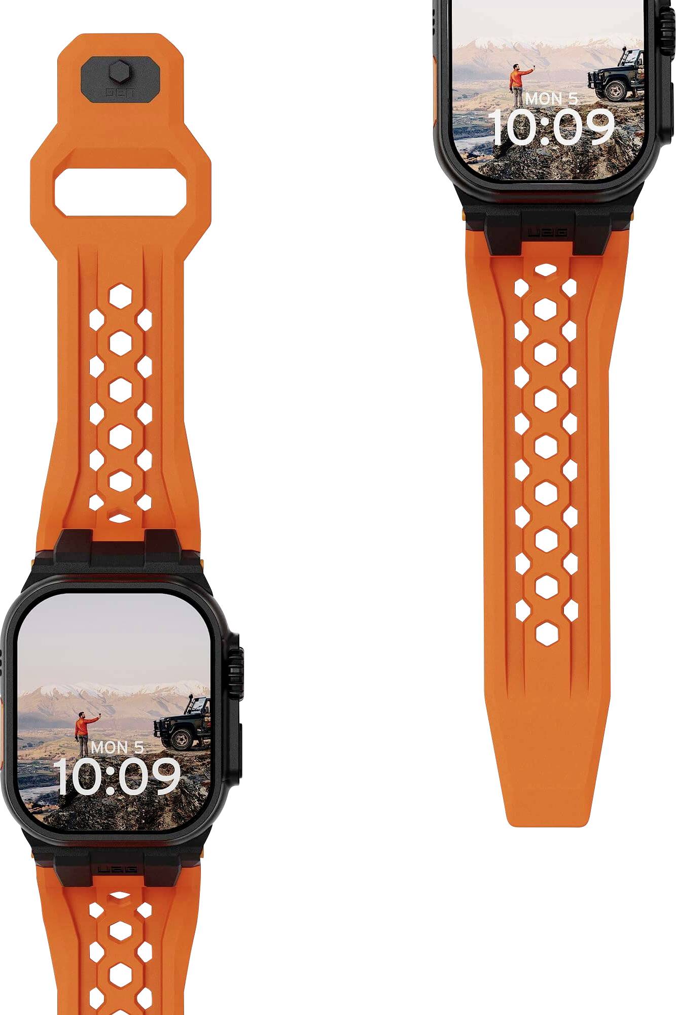 Orangefarbenes perforiertes Silikon-Uhrenarmband, gezeigt mit einer Apple Watch, Vorder- und Rückansichten auf weißem Hintergrund.