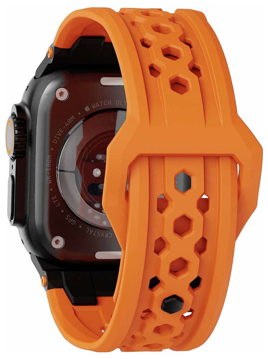 Orangefarbiges perforiertes Uhrenarmband an einer schwarzen Smartwatch, in Großaufnahme vor weißem Hintergrund gezeigt.