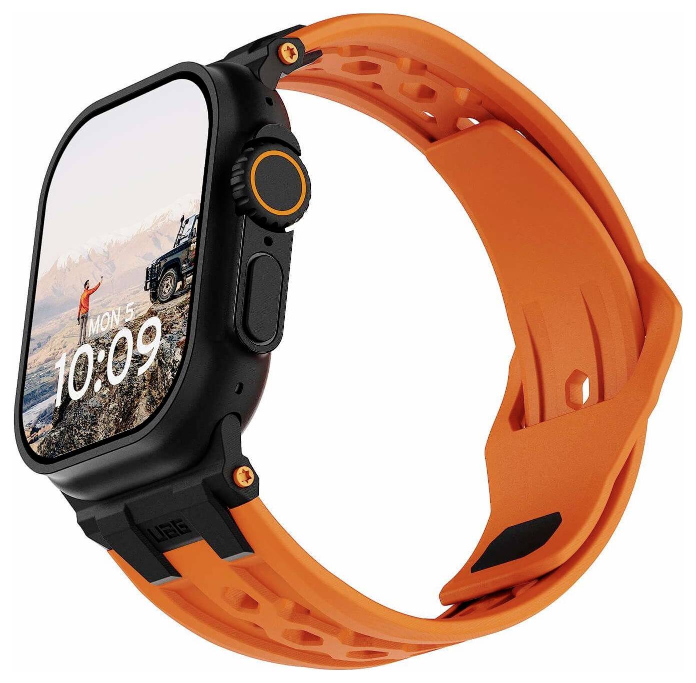 Schwarze quadratische Smartwatch mit orangem Armband in schräger Ansicht, zeigt ein Landschafts-Zifferblatt und die Uhrzeit 10:09 an.