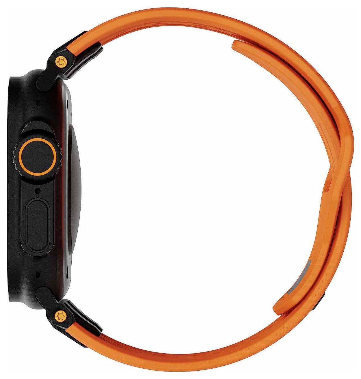 Seitenansicht einer schwarzen Smartwatch mit einem leuchtend orangefarbenen Sportarmband auf weißem Hintergrund.