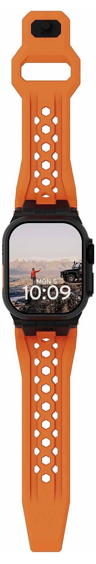 Orange-Smartwatch mit schwarzem rundem Zifferblatt, das 10:09 anzeigt, mit perforiertem Sportarmband und orangefarbigem Schutzgehäuse.
