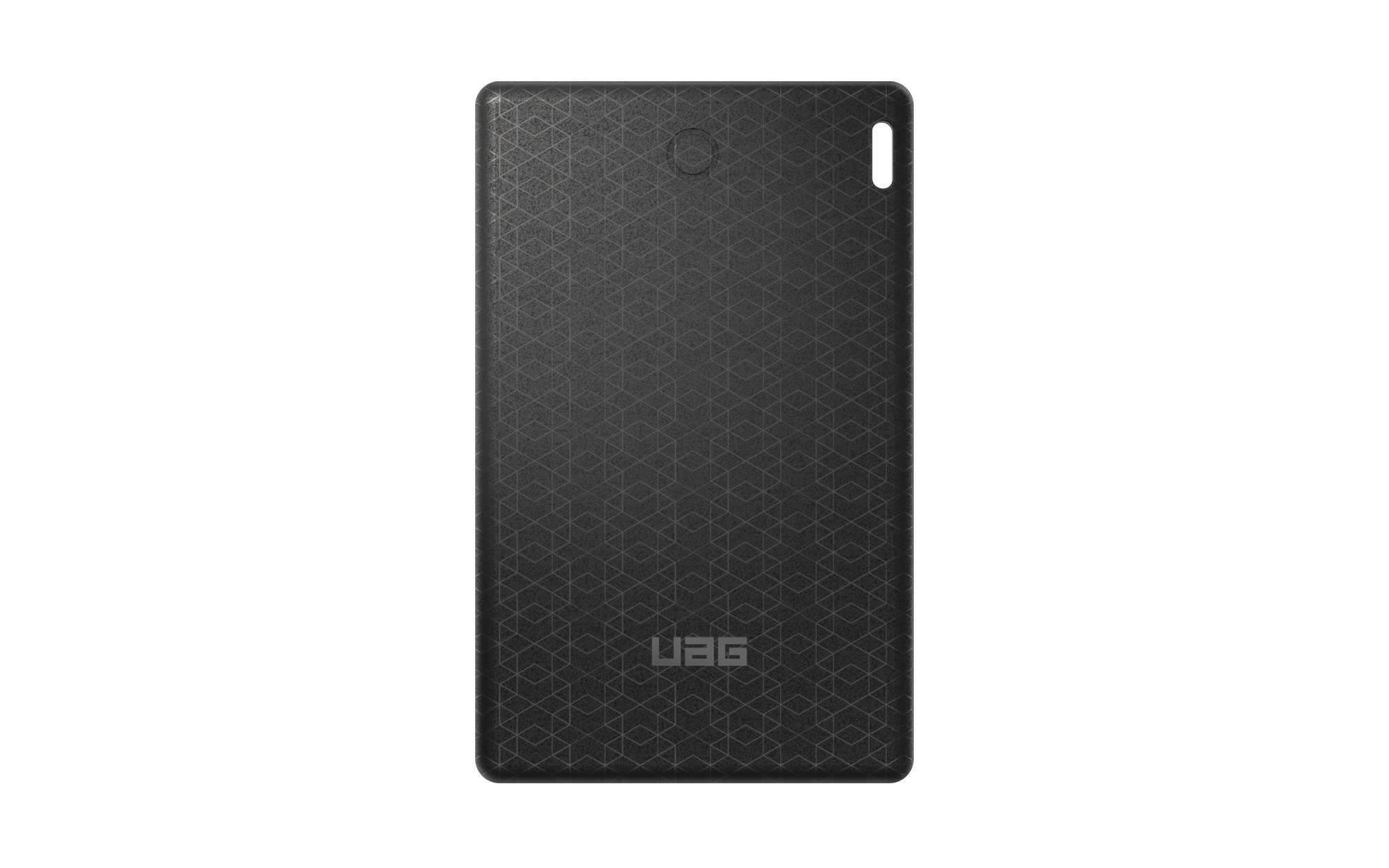 Schwarze UAG Schutzhülle für Tablets mit strukturiertem Muster und Kameraausschnitt auf der Rückseite.