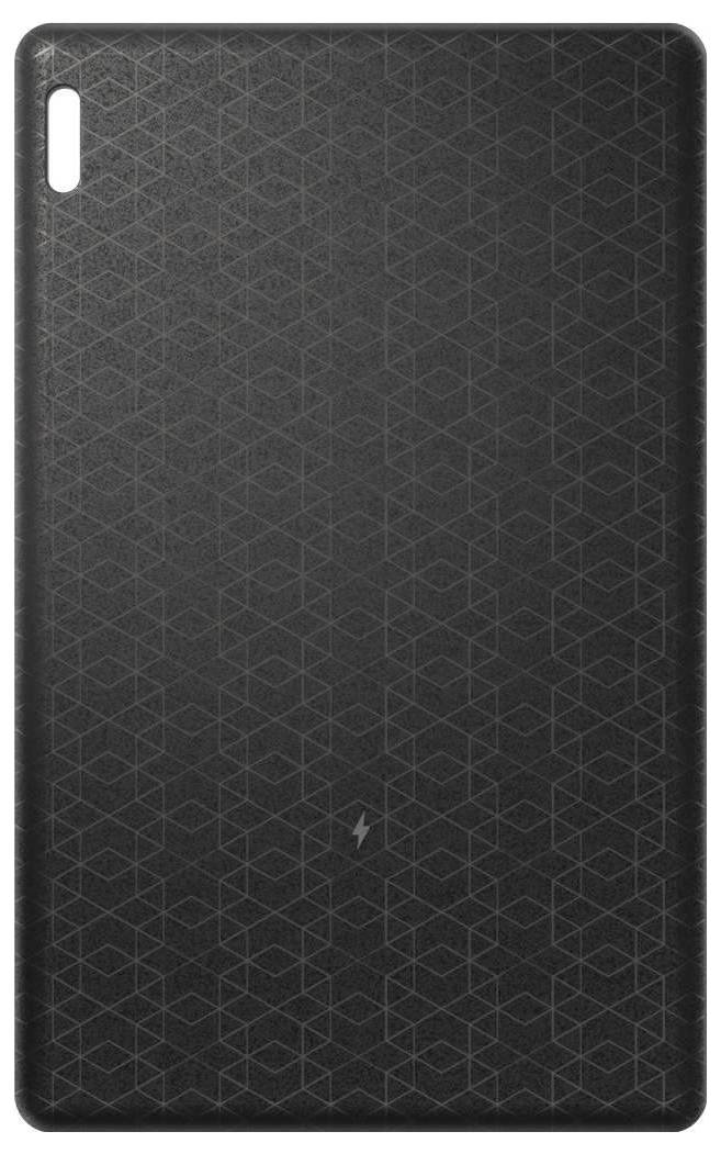 Schwarze strukturierte Tablet-Schutzhülle oder Rückseite mit vertikalem Kameraausschnitt oben links und kleinem Blitzsymbol nahe der unteren Mittelmitte.