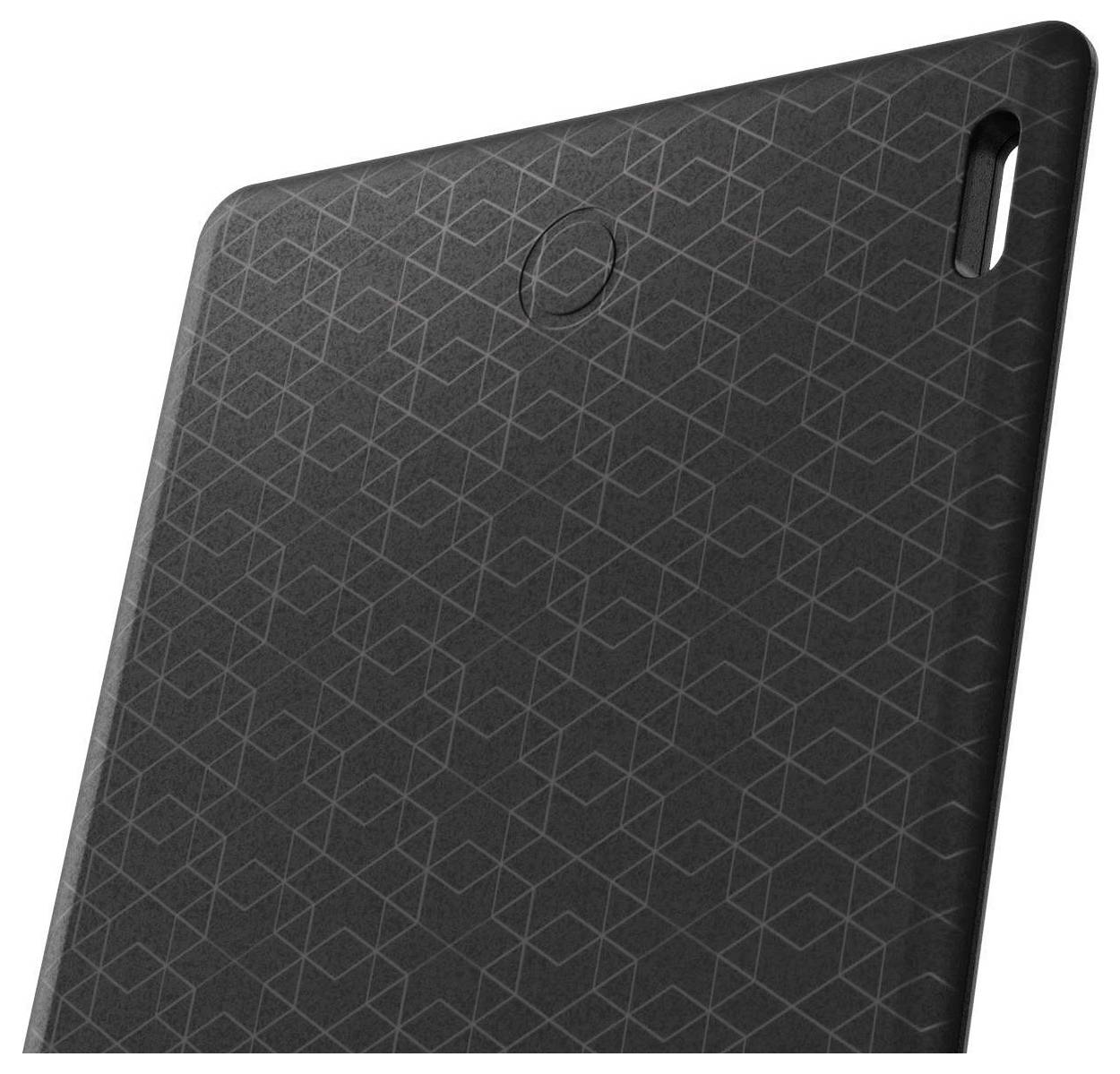 Nahaufnahme einer schwarzen strukturierten Tablet-Schutzhülle mit Ecke, Aussparung für rückwärtige Kamera und kreisförmigem Logo.