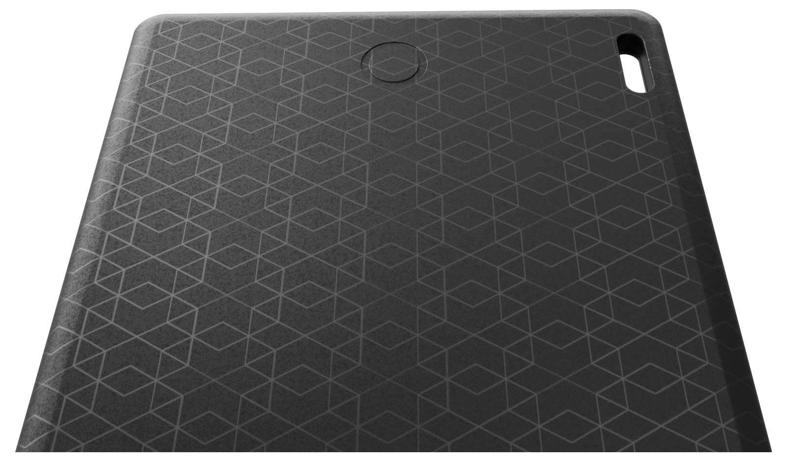 Schwarze Handyhülle mit geometrischem Muster, kreisförmiger Aussparung für den Fingerabdrucksensor und Öffnung für die rückseitige Kamera oben rechts.
