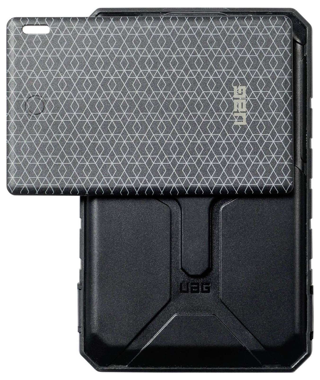 Schwarze UAG-Schutzhandyhülle mit grauem geometrischem Muster und 