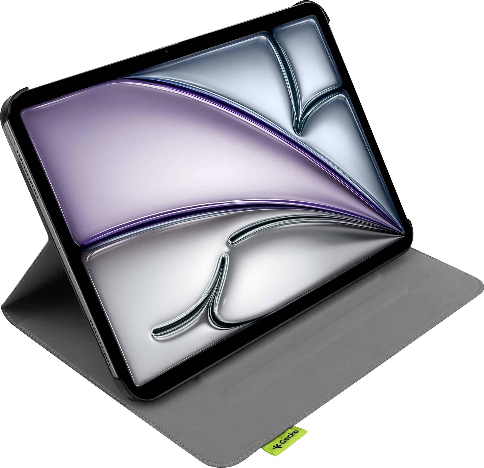 Tablet in einem grauen Folio-Etui, geschlossen im Winkel gezeigt mit einem glänzenden abstrakten Bildschirmdesign in Purpur und Blau.