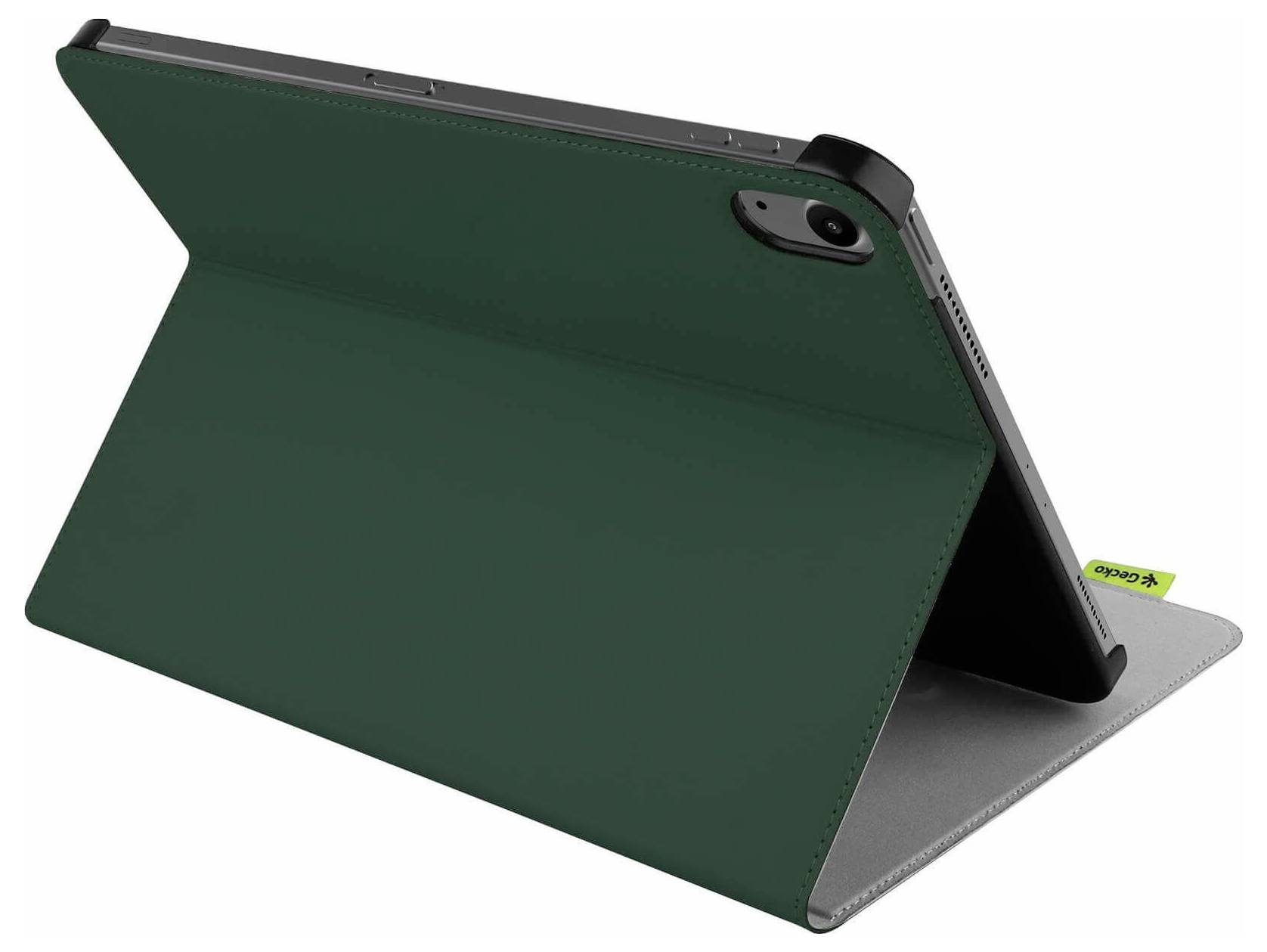Grüne Tablet-Schutzhülle im Folio-Stil mit integriertem Ständer, geöffnet dargestellt und ein Tablet unterstützend.