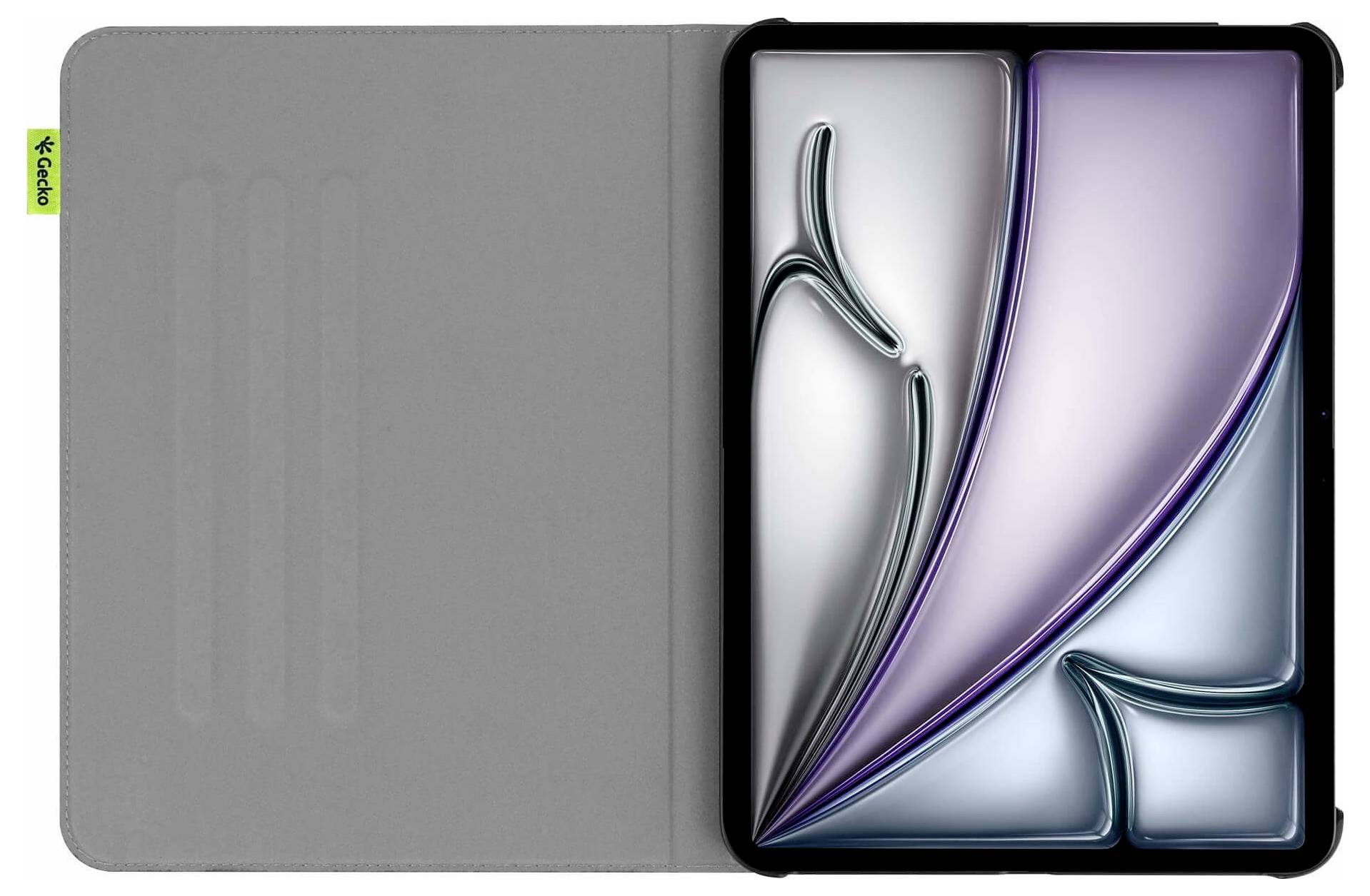 Ein Tablet in einem grauen Folio-Etui, geöffnet dargestellt, wobei der Bildschirm eine abstrakte Tapete in Lila und Silber anzeigt.