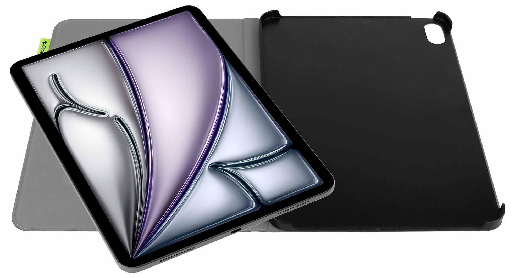 Tablet gezeigt mit schlankem schwarzem Schutzgehäuse und Bildschirm, auf dem abstrakte geschichtete blaue, lila und graue Formen angezeigt werden.