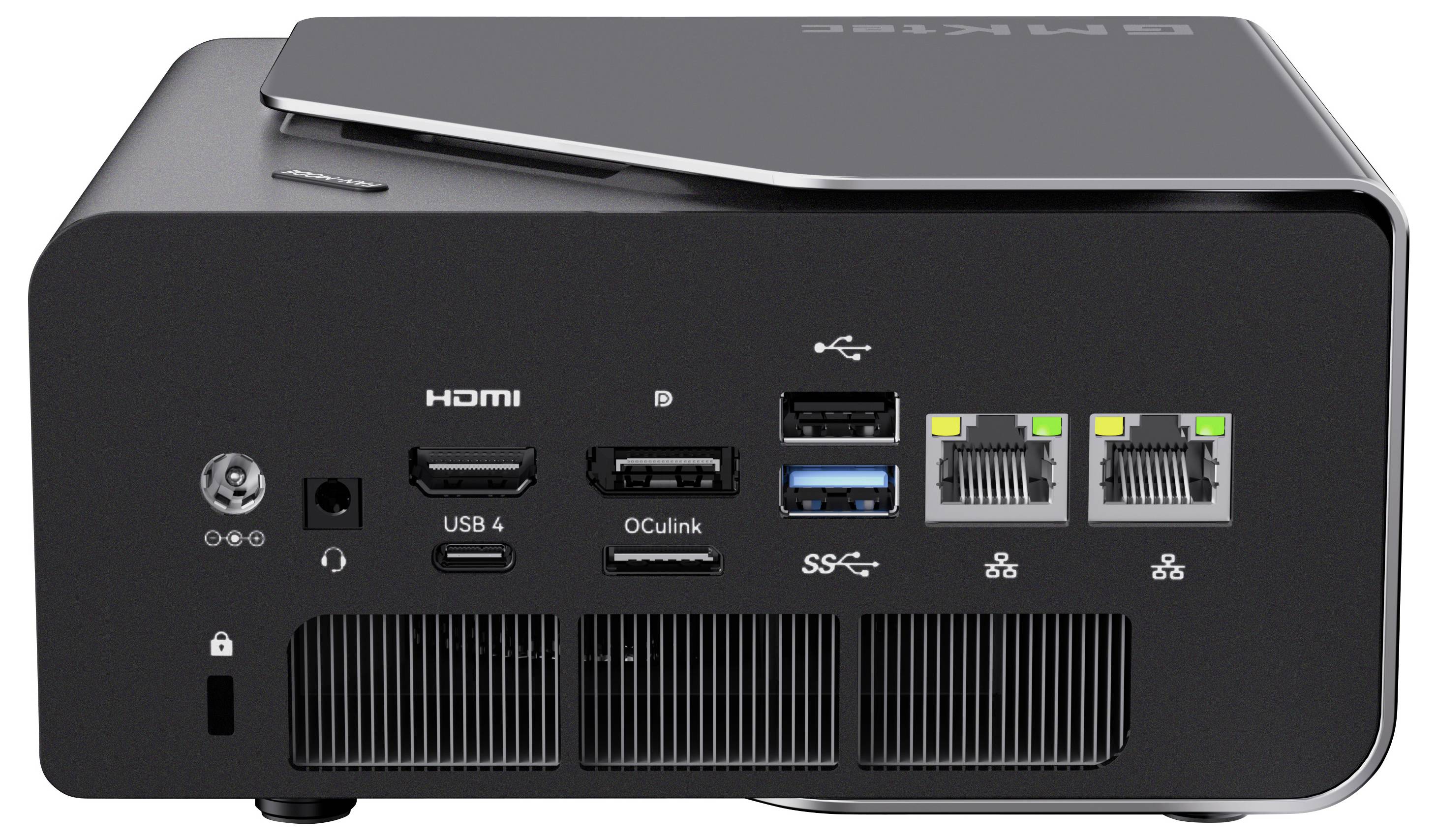 Rückansicht eines kompakten schwarzen Projektors mit HDMI-, USB-, USB-C- und Ethernet-Anschlüssen sowie Lüftungsöffnungen und Stromschalter-/Verriegelungsreglern.
