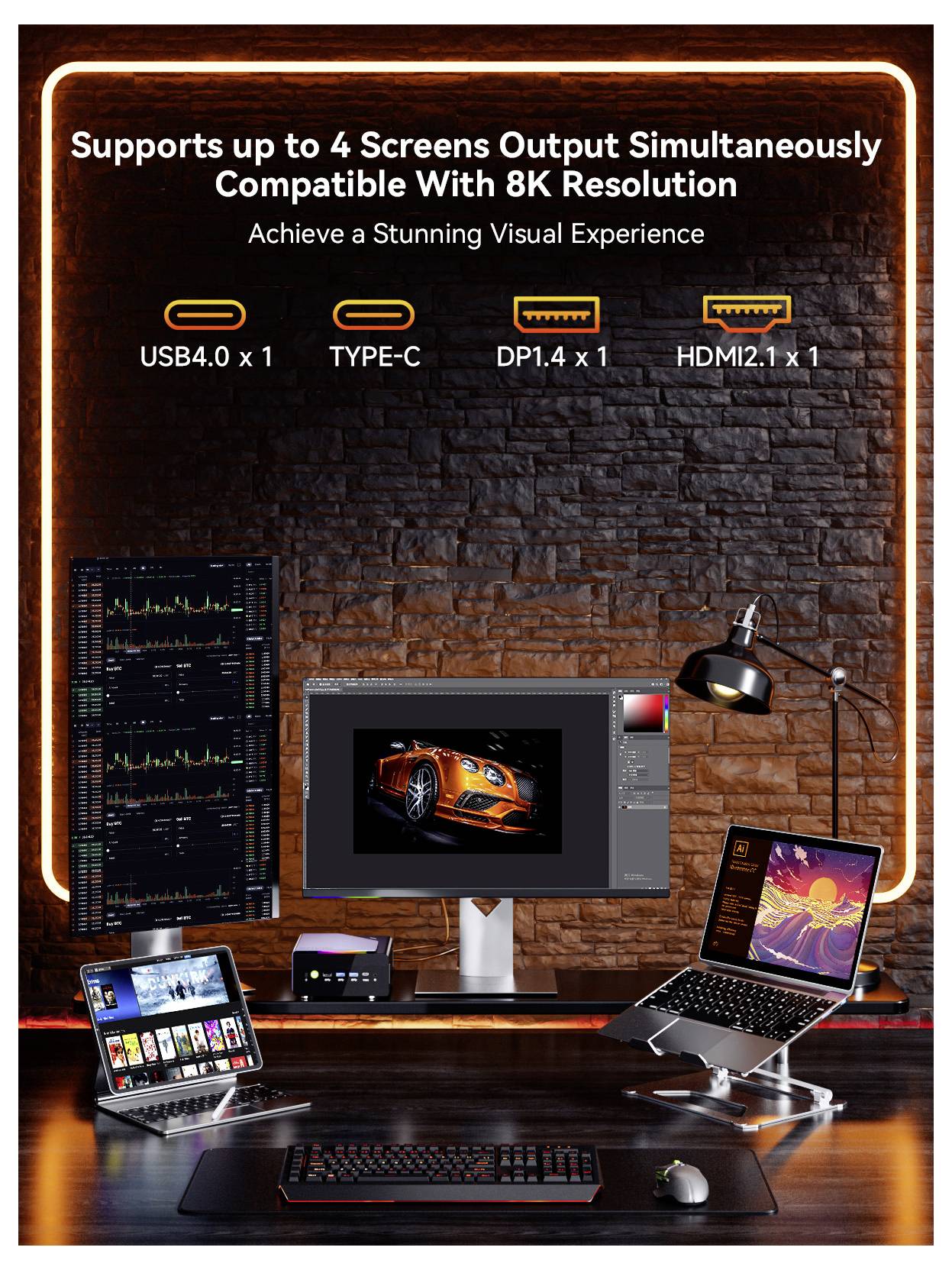 Werbe-Grafik für eine Dockingstation, die bis zu 4 Bildschirme und 8K unterstützt, mit gekennzeichneten Anschlüssen USB4.0 x1, TYPE-C, DP1.4 x1 und HDMI2.1 x1, dargestellt beim Betrieb mehrerer Monitore und Laptops.