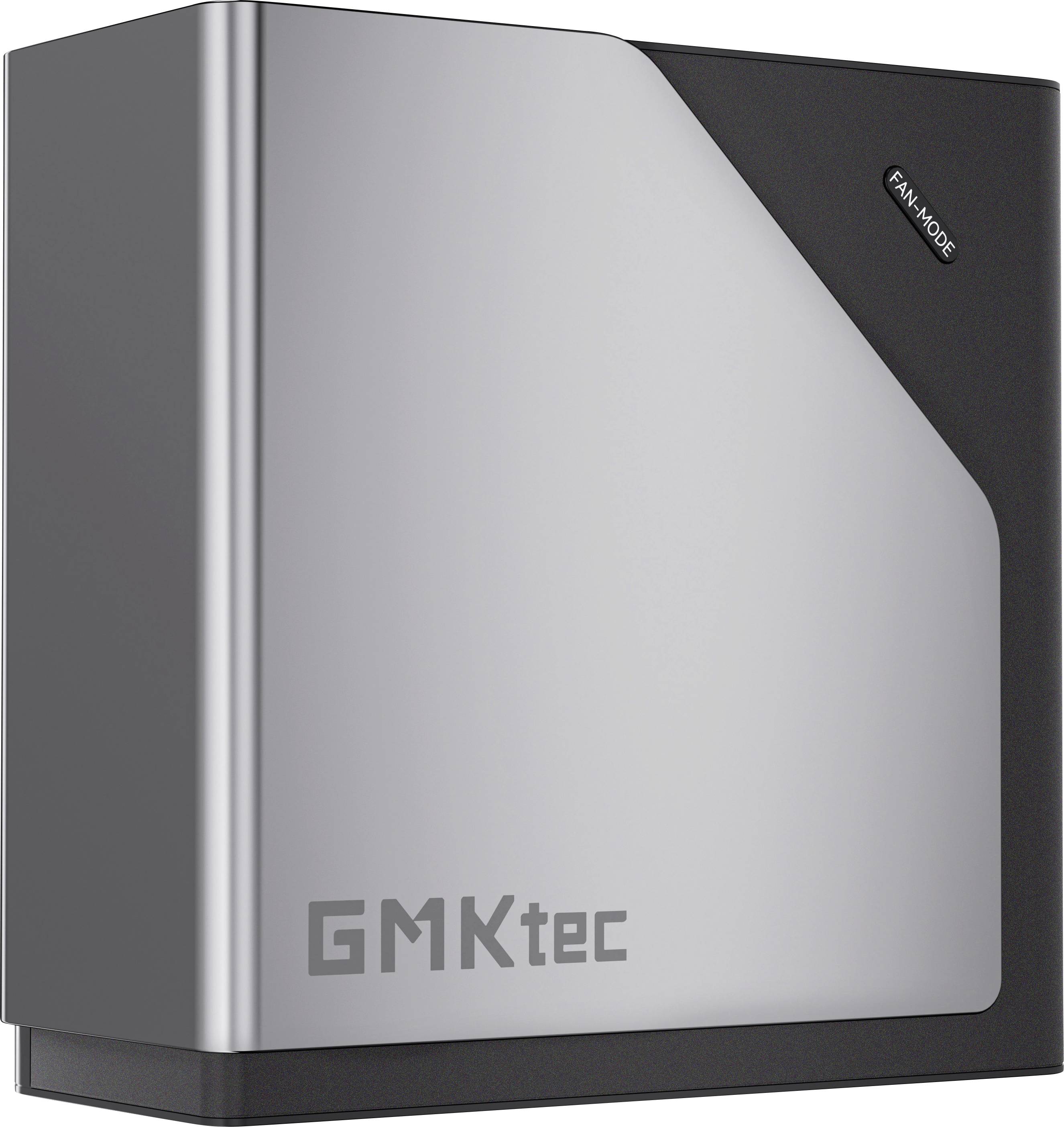 Kompakter GMKtec Mini-PC-Gehäuse in Grau und Schwarz mit der Bezeichnung „FAN MODE