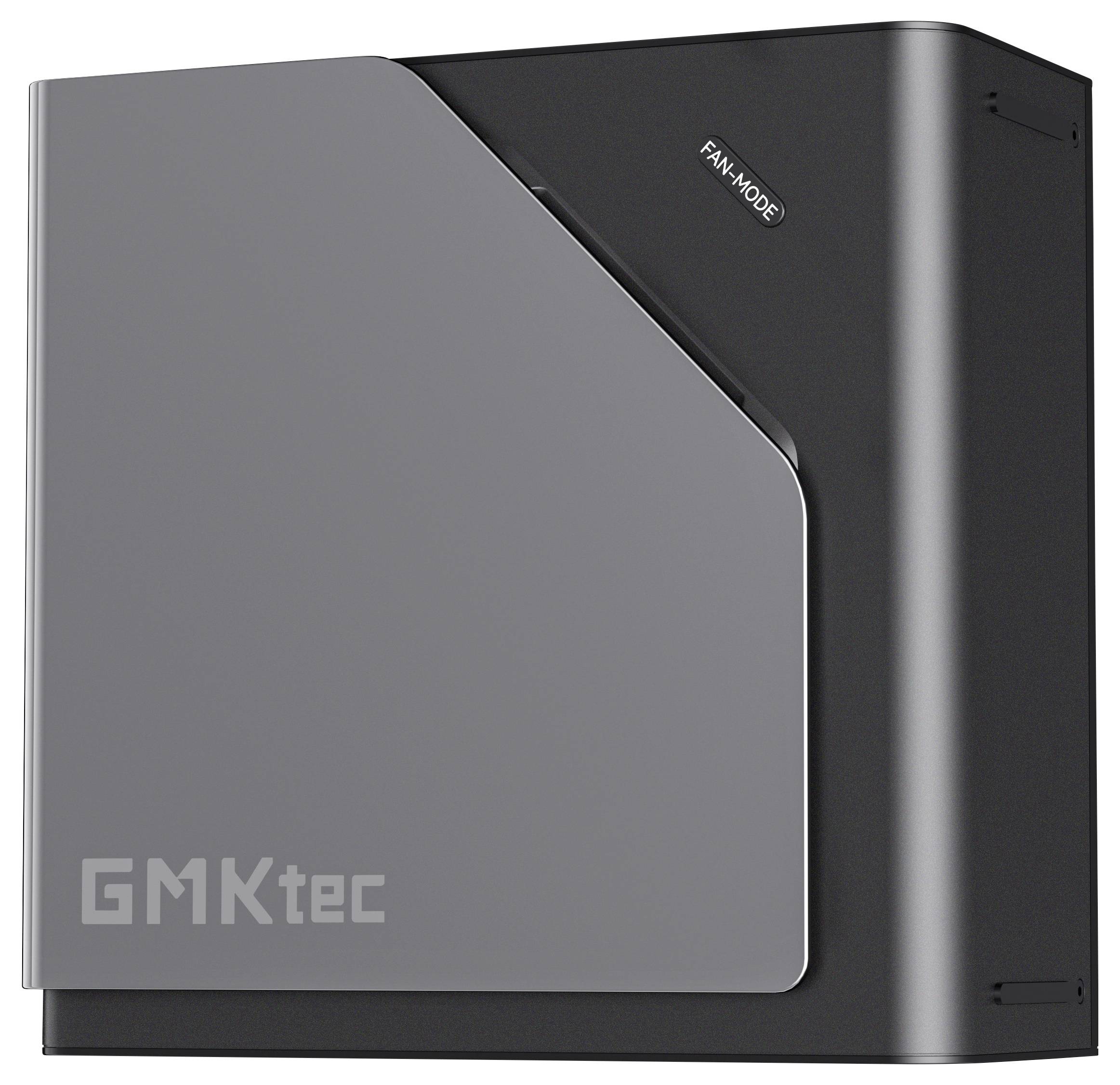Grauer und schwarzer GMKtec Kompakt-Computergehäuse in einer produktstypischen Seitenansicht, mit der Bezeichnung „FAN MODE