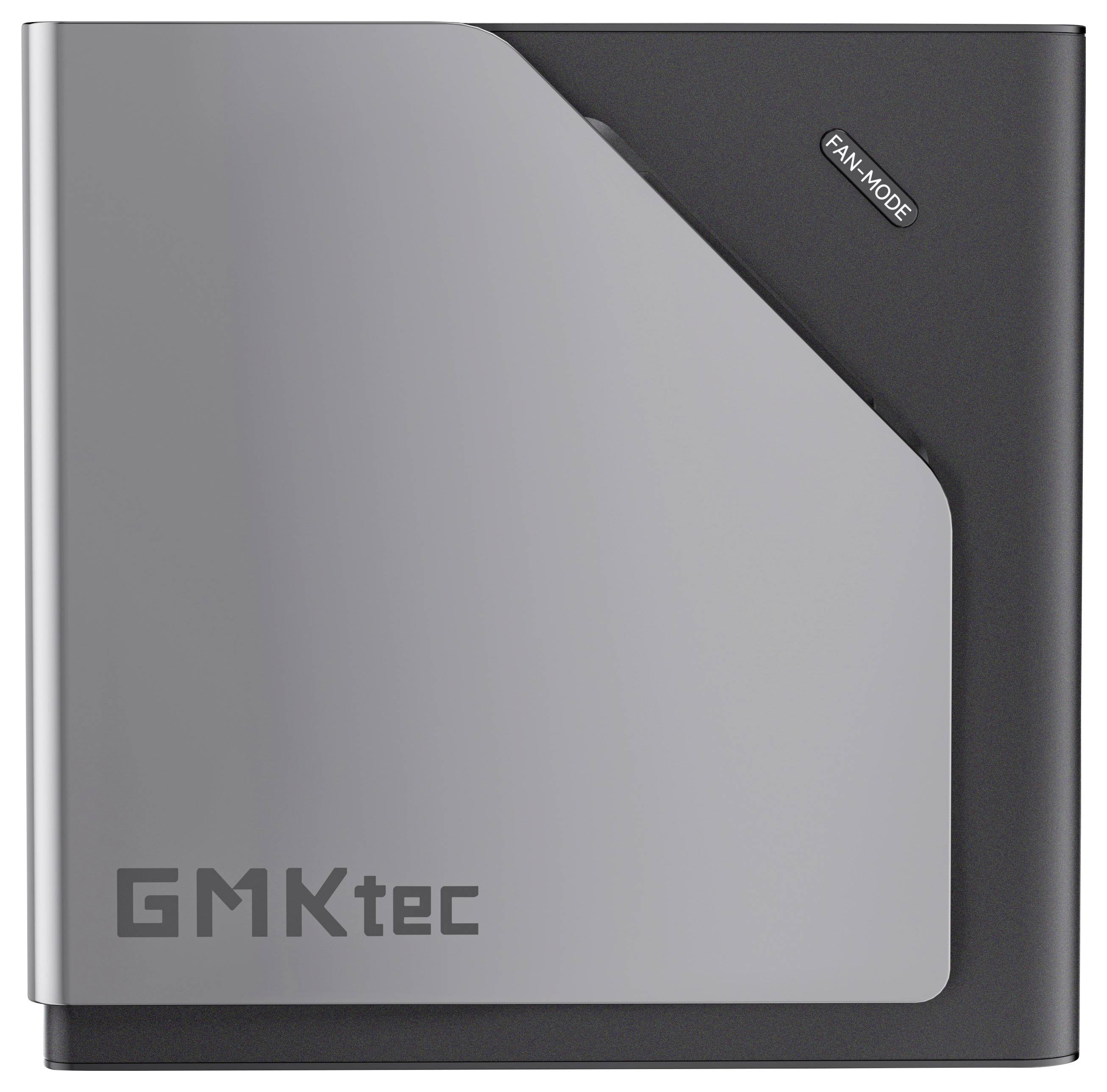 Grauer und schwarzer GMKtec Mini-PC mit der Bezeichnung „FAN MODE