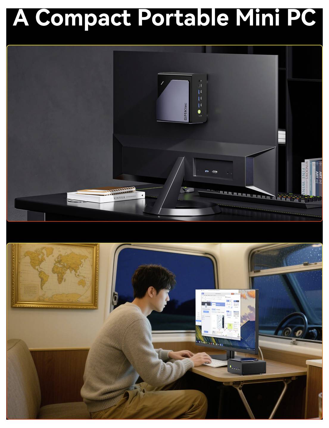 Anzeige, die einen kompakten tragbaren Mini-PC neben einem Monitor zeigt, und einen Mann, der den kleinen Computer an einem Schreibtisch in einer Zug- oder Bushütte verwendet.