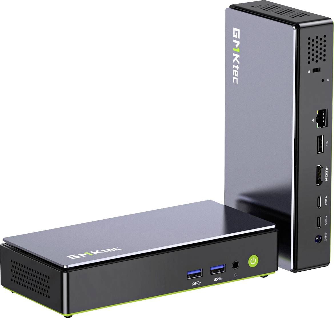 Zwei schwarze GNrtec Mini-Computer werden gezeigt, einer aufrecht und einer flach, mit sichtbaren USB-, Audio- und Stromanschlüssen an der Vorderseite.
