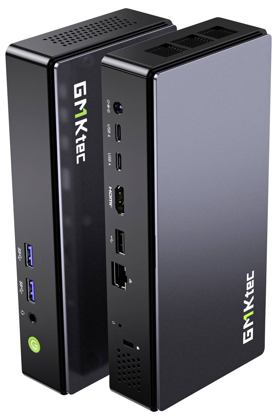 Zwei kompakte GKtek Mini-PCs nebeneinander angezeigt, mit sichtbaren vorderen Anschlüssen für USB, Audio, HDMI und Ethernet.